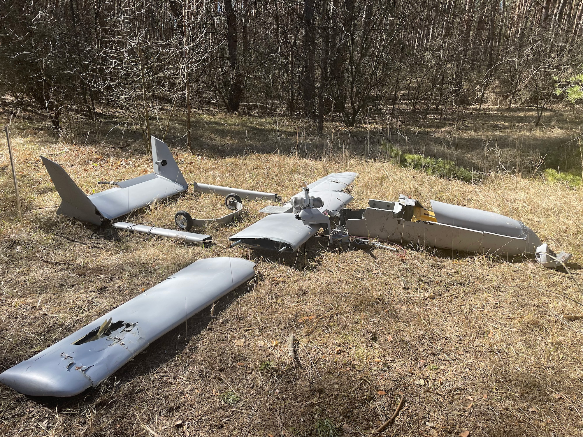 The downed drone is seen on Monday in eastern Ukraine.