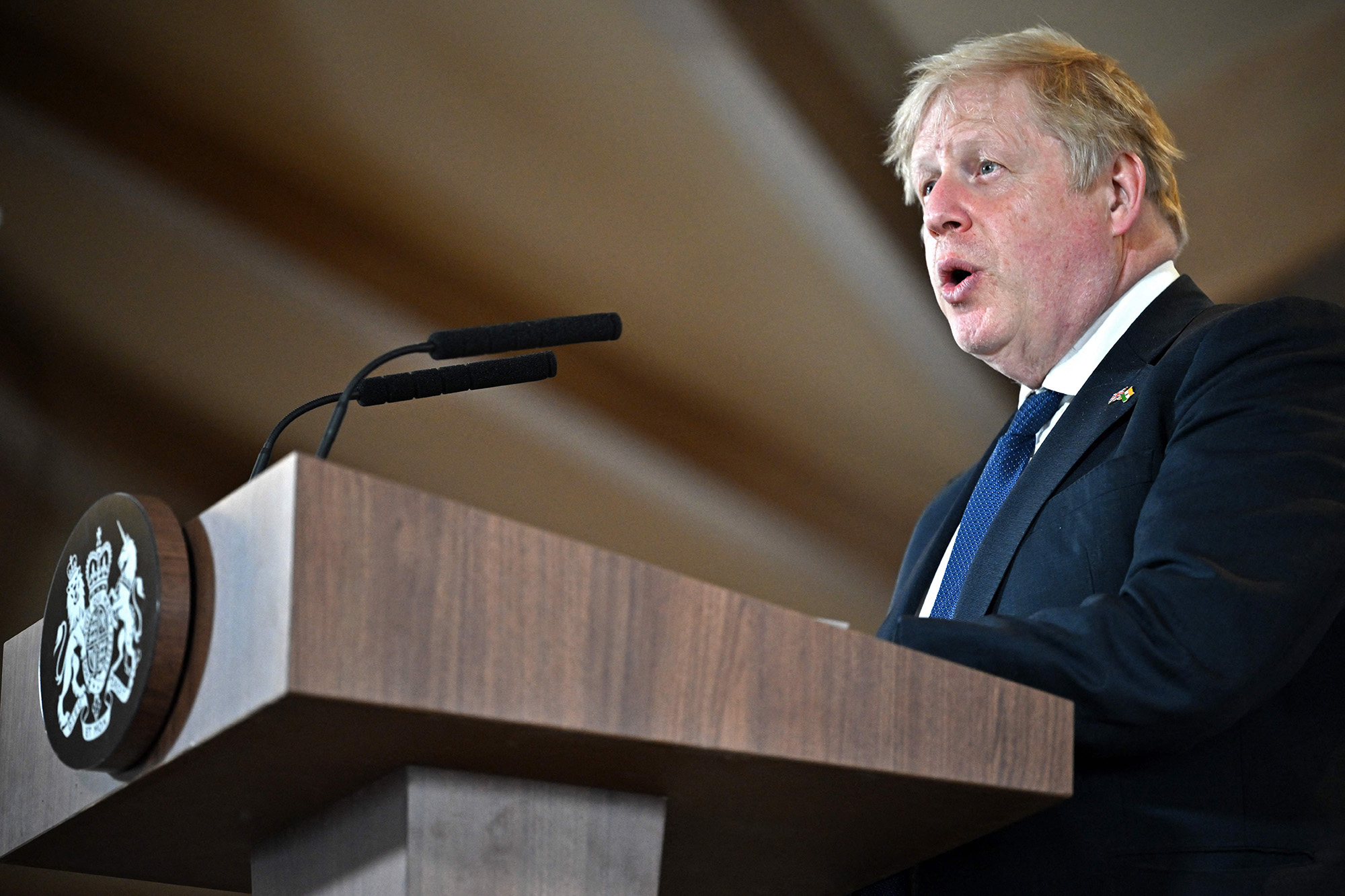 Britains Prime Minister Boris Johnson speaks during a press conference in New Delhi, India, on April 22.