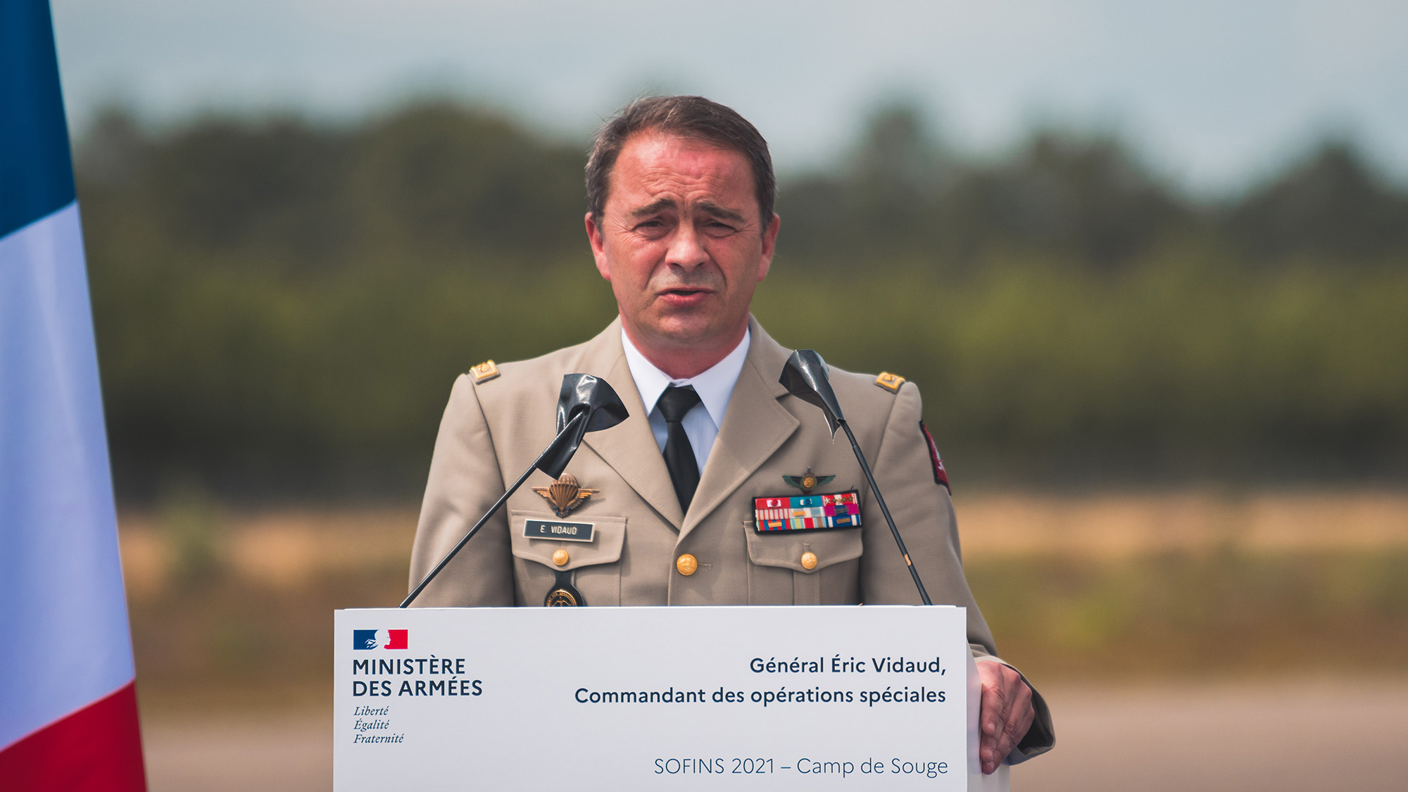 Chief of French military intelligence, Gen. Eric Vidaud is seen speaking during a special operations seminar in southwestern France on July 1, 2021. 
