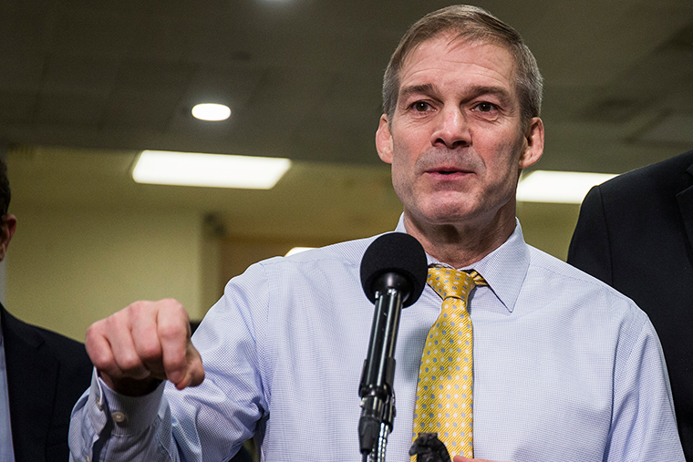 Rep. Jim Jordan speaks to reporters in the Senate basement at the U.S. Capitol during the Senate impeachment trial of US President Donald Trump on January 30, 2020 in Washington, DC.