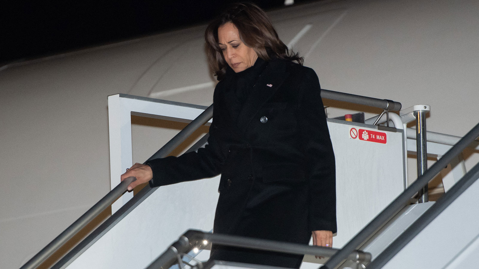US Vice President Kamala Harris disembarks from Air Force Two upon arrival at Warsaw Chopin Airport in Poland on March 9.
