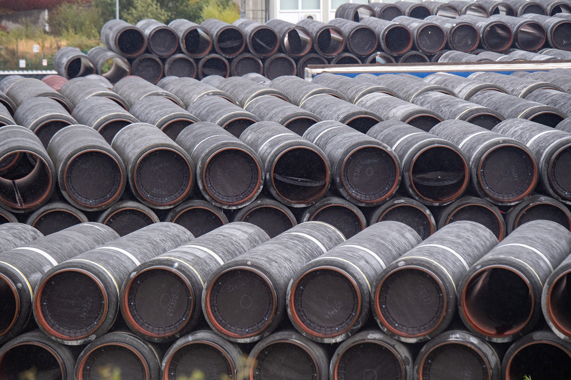Unused pipes for the Nord Stream 2 Baltic gas pipeline are stored on the site of the Port of Mukran, Germany, on September 27.