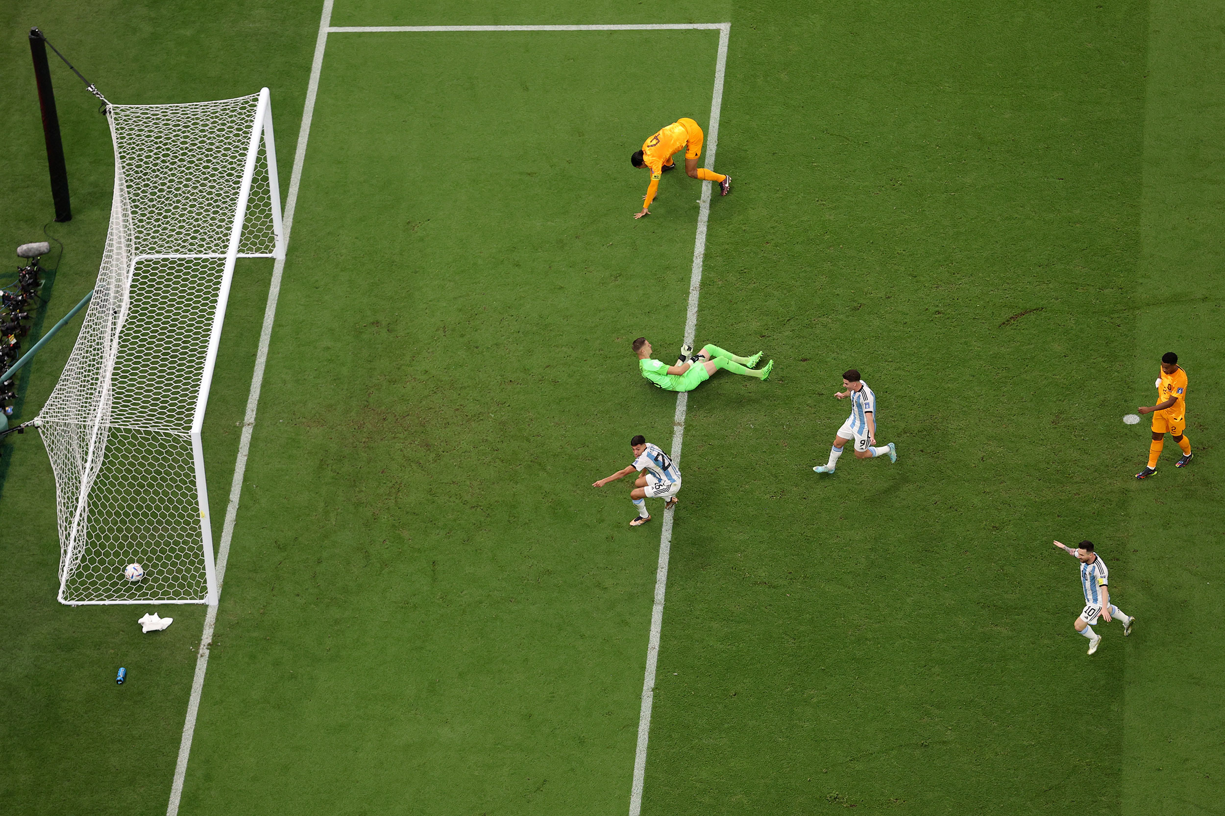 Nahuel Molina scores Argentina’s first goal in the first half of the match.