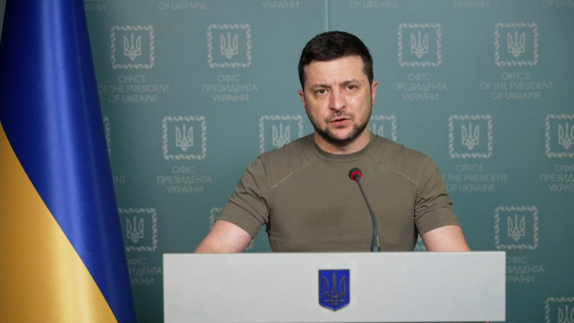 Ukrainian President Volodymyr Zelensky speaks during a video address on March 12.