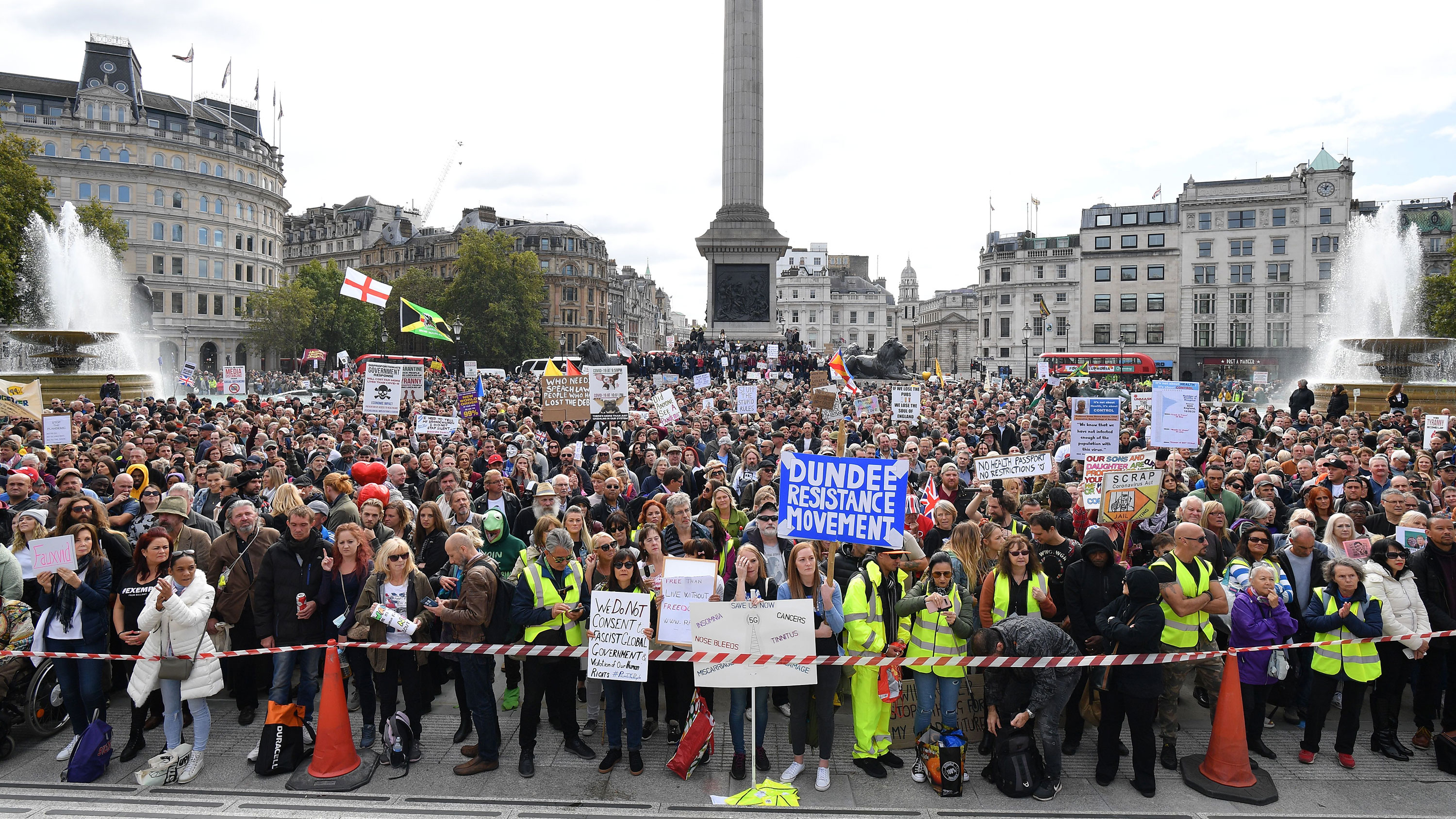 Protesters gather in Trafalgar Square for a rally against vaccination and government restrictions designed to fight the spread of the novel coronavirus, in London on September 26.