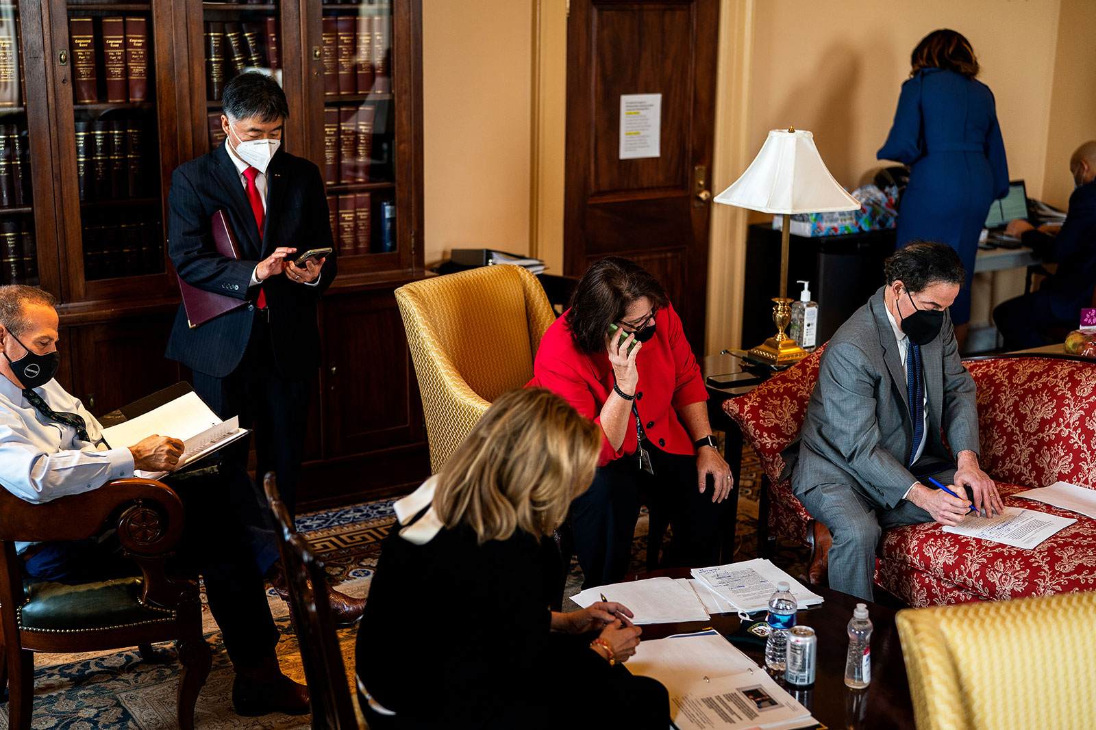 The House impeachment managers work on speech details on Wednesday, February 10.