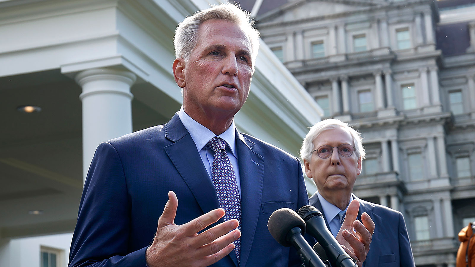 McCarthy and Mitch McConnell speak to the media after meeting with President Joe Biden at the White House on May 09. 