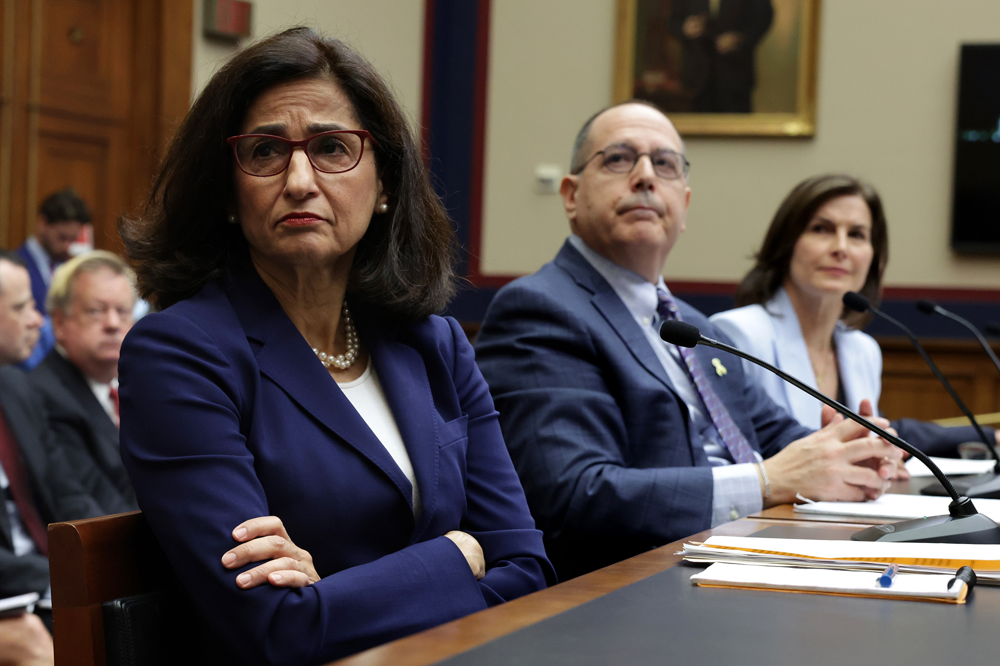 (L-R) President of Columbia University Nemat “Minouche” Shafik, David Schizer, Dean Emeritus and Harvey R. Miller Professor of Law & Economics and Columbia Law School, Co-Chair of Board of Trustees at Columbia University Claire Shipman testify before the House Committee on Education & the Workforce at Rayburn House Office Building on April 17, 2024 in Washington, DC. The committee held a hearing on “Columbia in Crisis: Columbia University’s Response to Antisemitism.” 