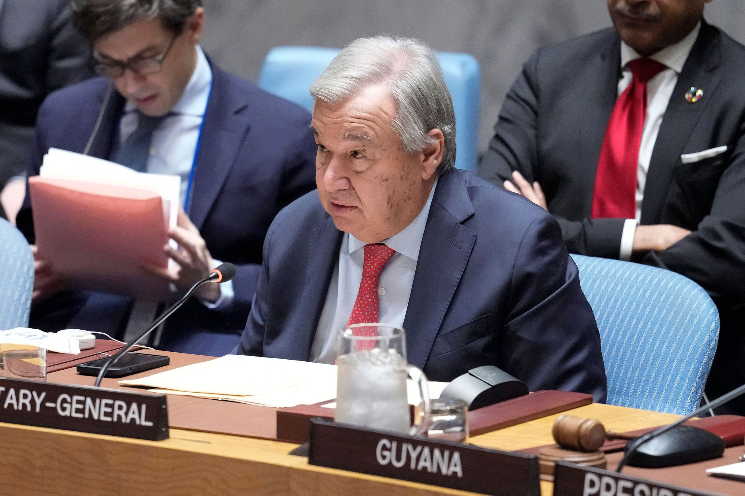 United Nations Secretary-General António Guterres addresses a Security Council meeting Friday at the United Nations headquarters in New York. 