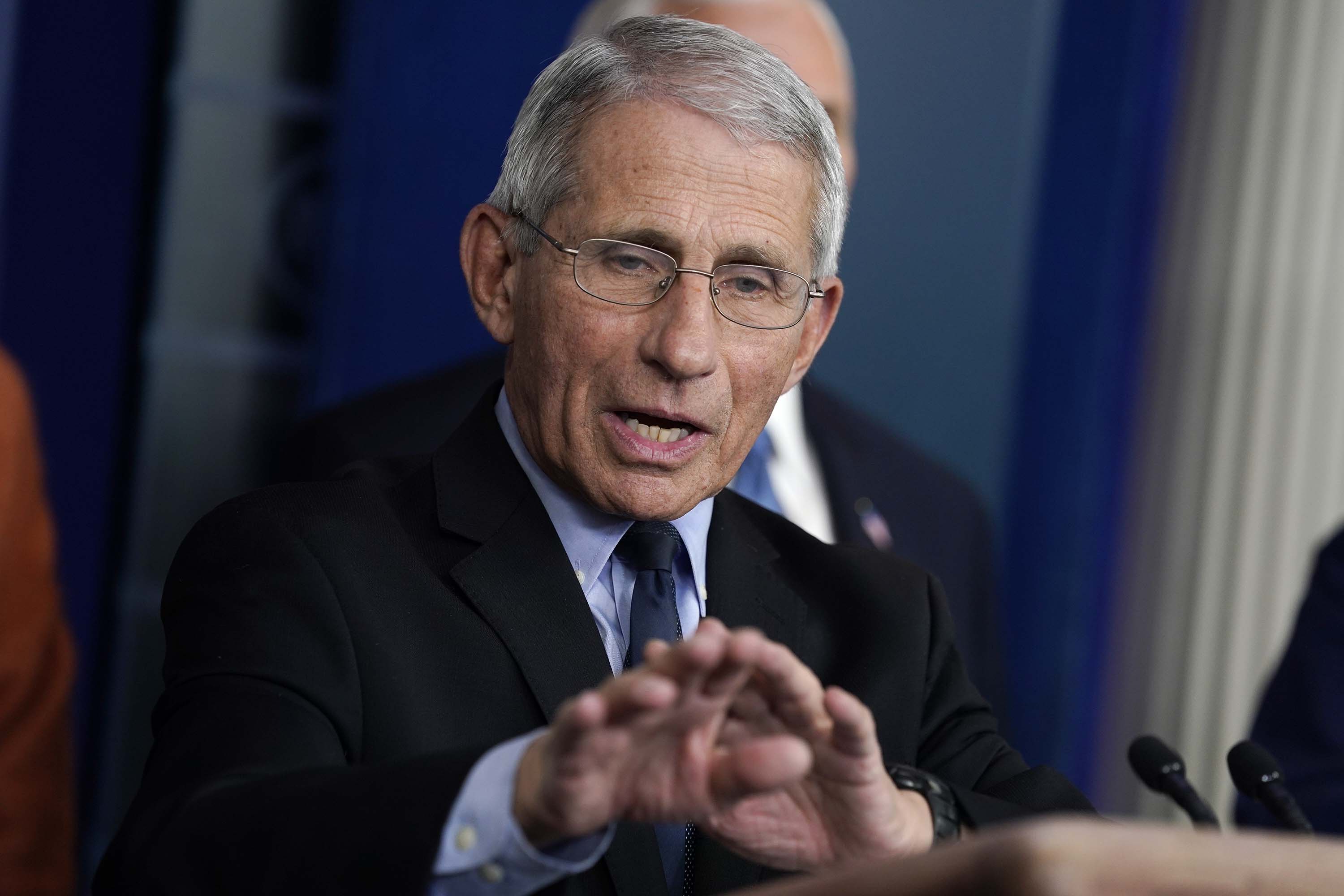 Dr. Anthony Fauci, Director of the National Institute of Allergy and Infectious Diseases, speaks during a press briefing with the coronavirus task force at the White House, on March 17.