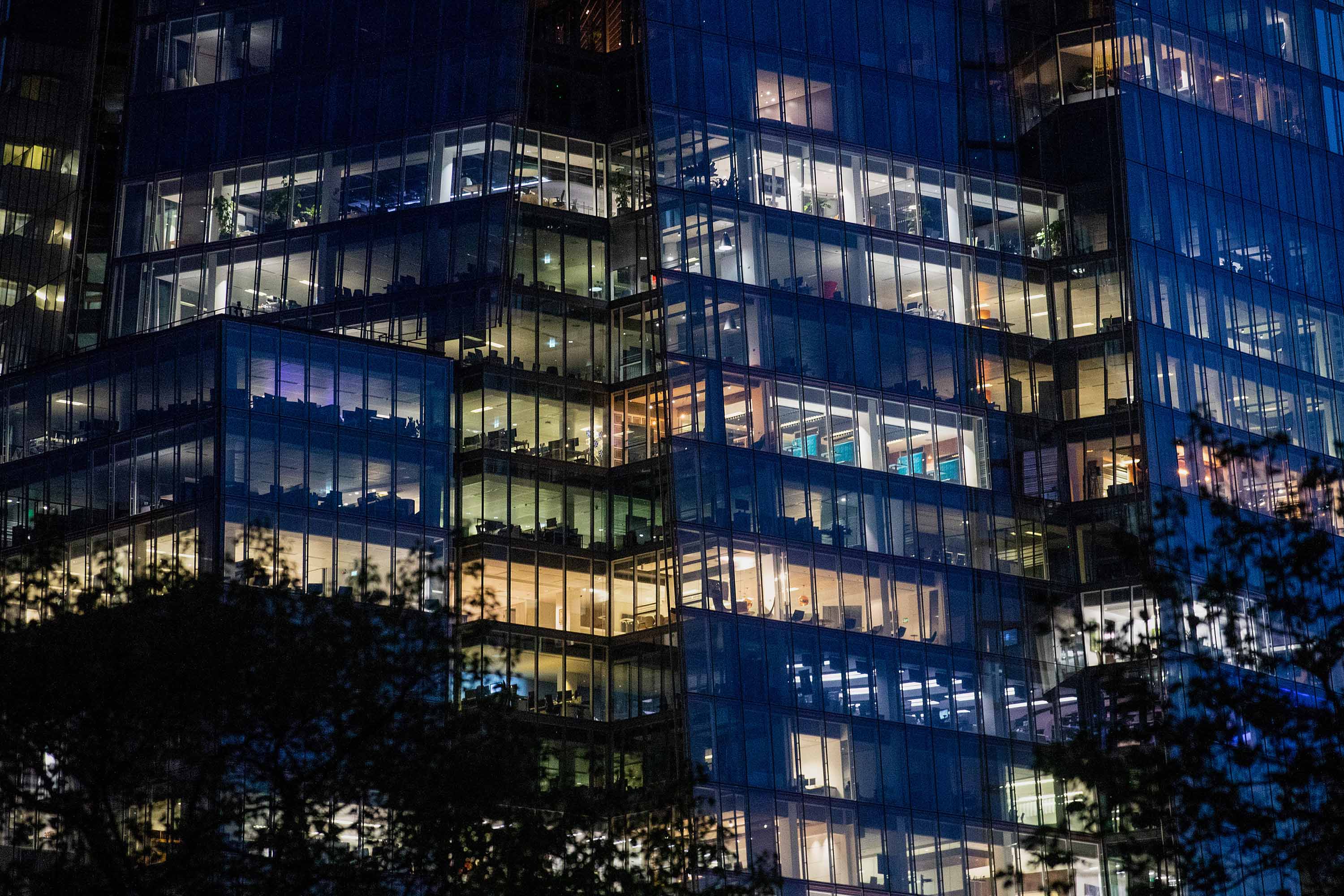 Office floors are seen illuminated in The Shard skycraper in London, on April 24.