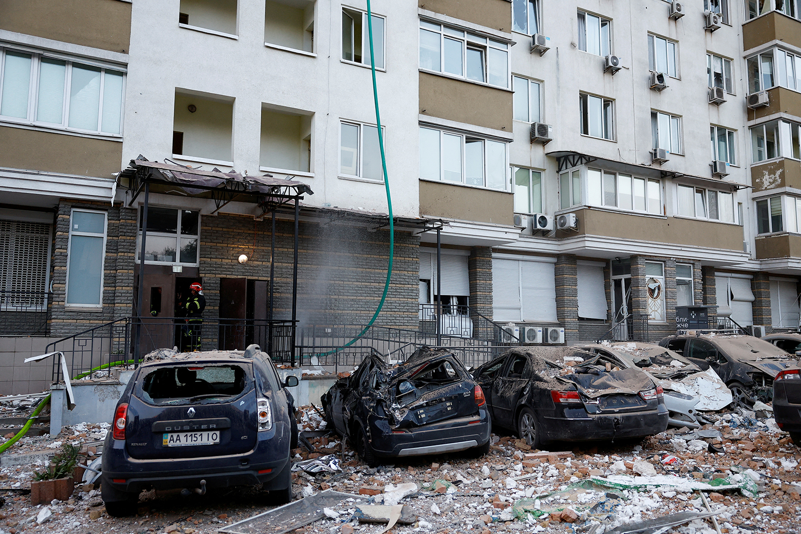 Cars were damaged during a Russian drone attack in Kyiv, Ukraine on May 30.