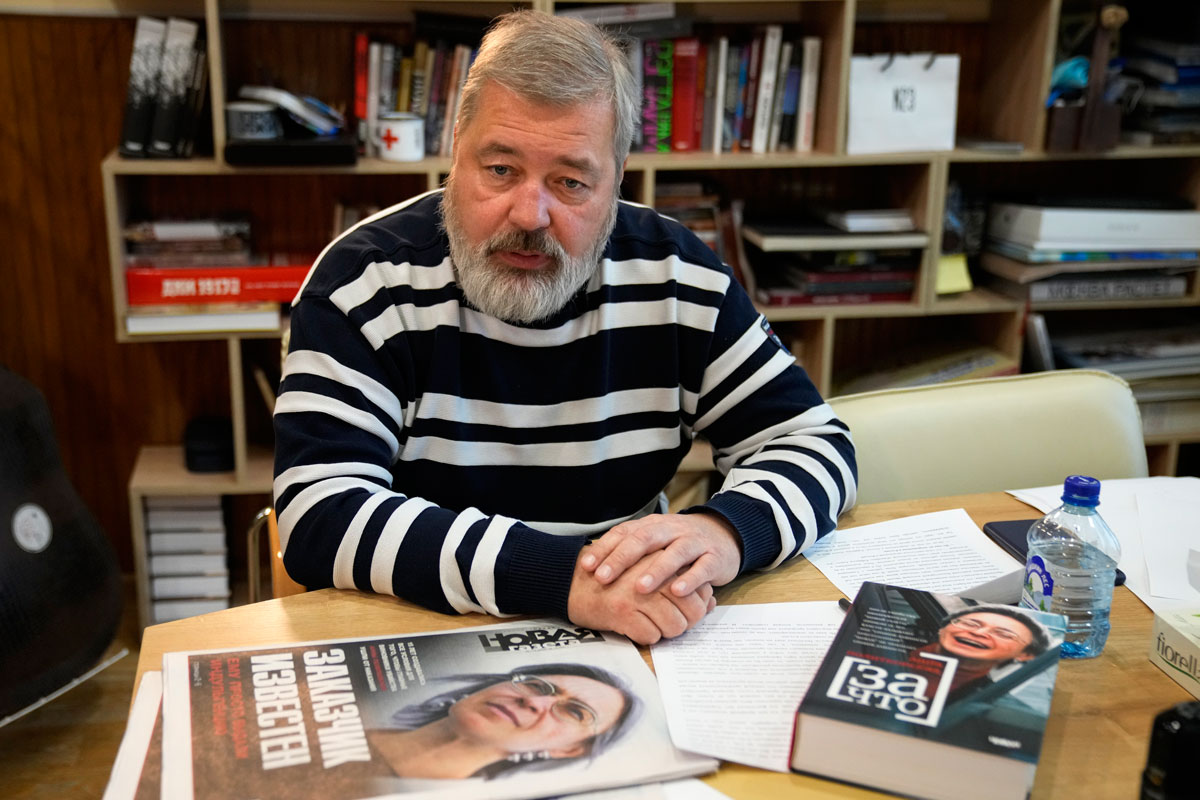 Dmitry Muratov speaks during an interview with The Associated Press at the Novaya Gazeta newspaper, in Moscow, Russia on October 7.