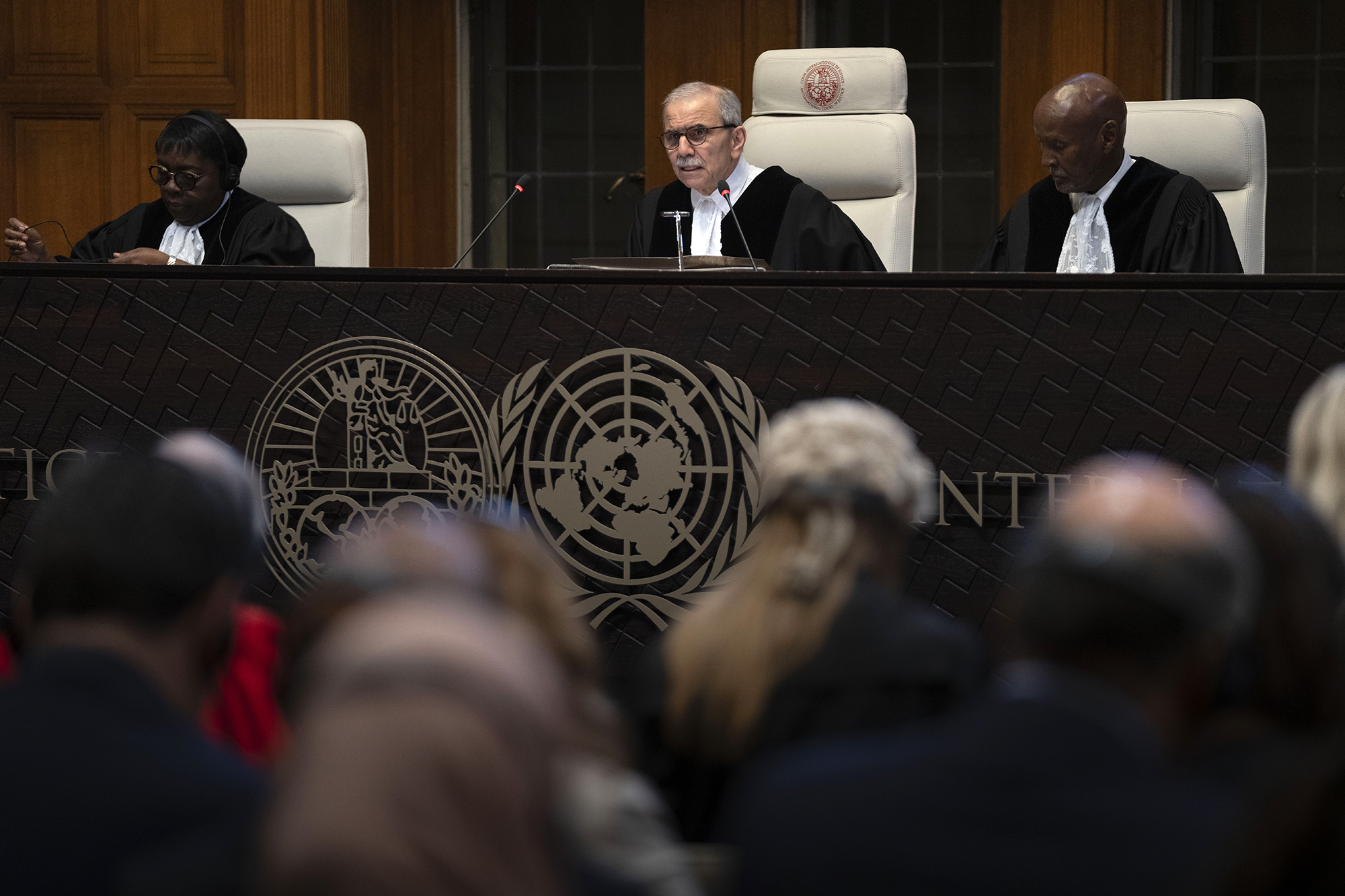 Presiding Judge Nawaf Salam, center, reads the ruling of the International Court of Justice, or World Court, in The Hague, Netherlands, on May 24.