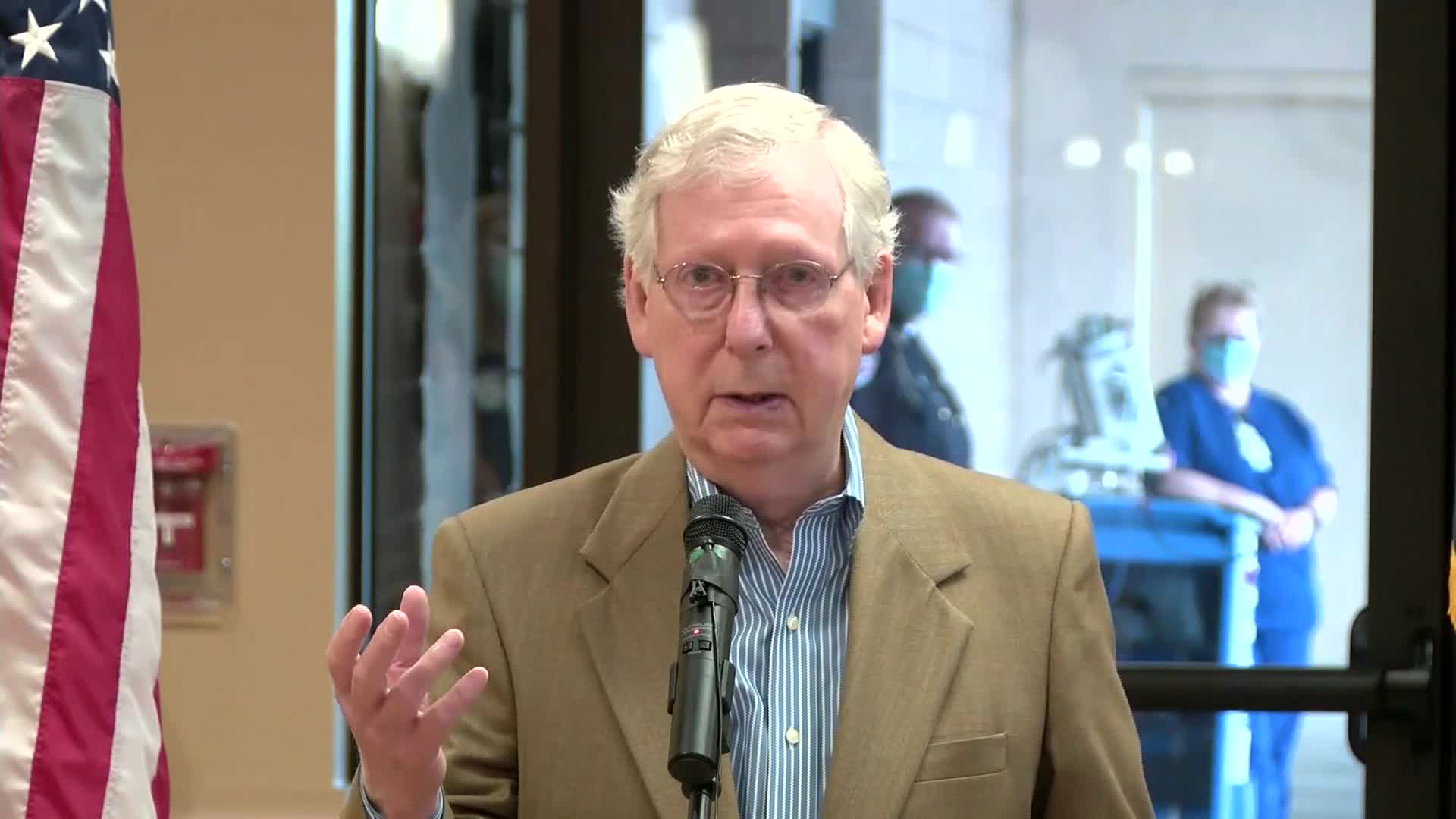 Senate Majority Leader Mitch McConnell speaks to the media in Leitchfield, Kentucky, on Thursday.