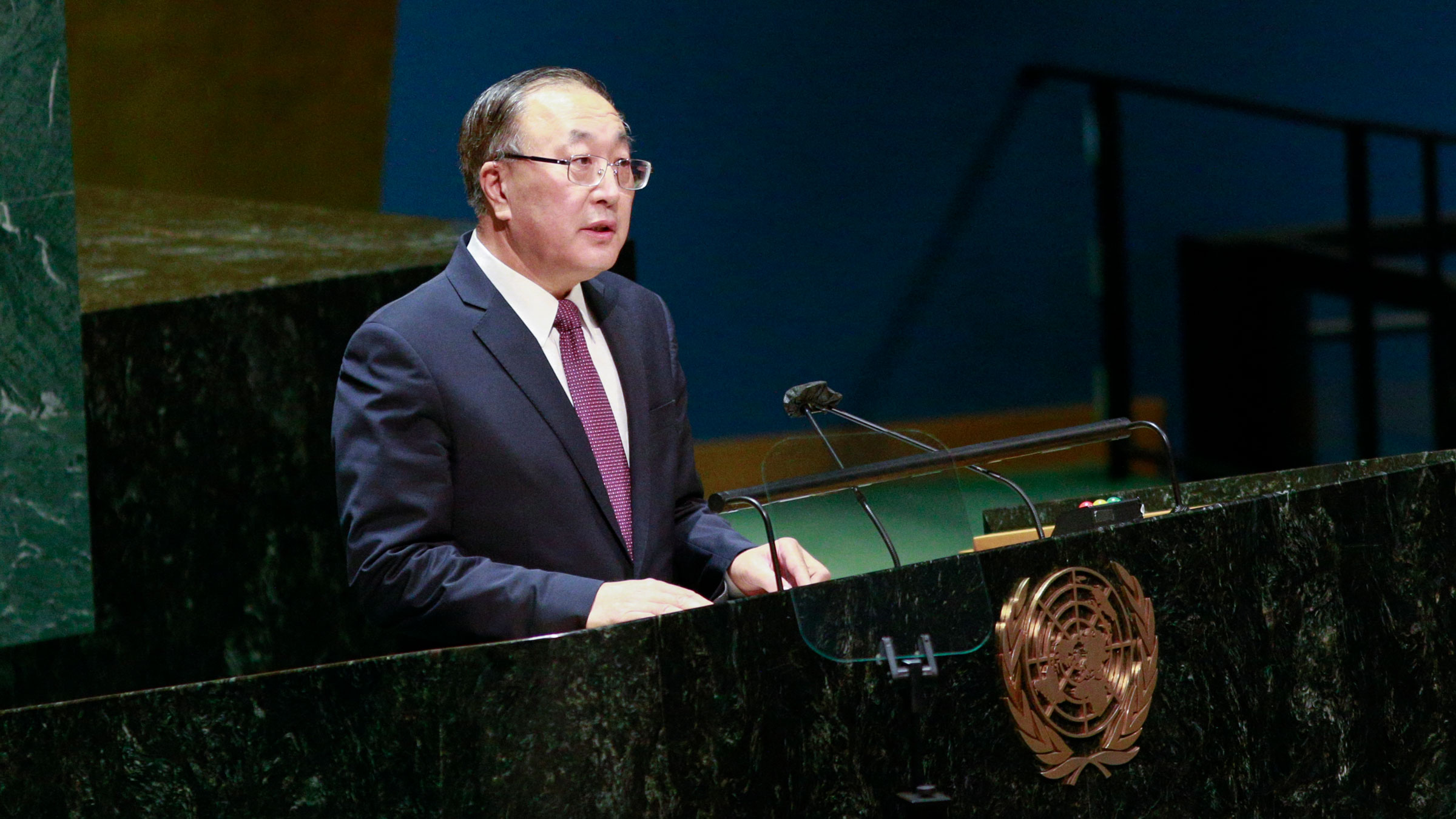 Zhang Jun, China's representative to the United Nations, speaks at the emergency special session of the UN General Assembly on Monday.