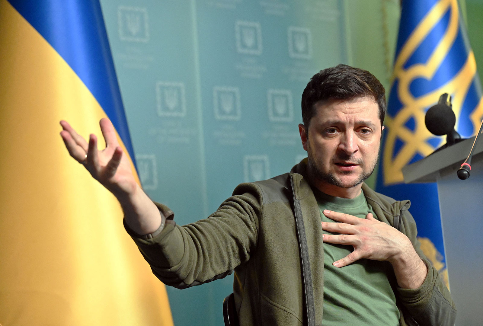 Ukrainian President Volodymyr Zelensky speaks at a press conference in Kyiv on March 3.