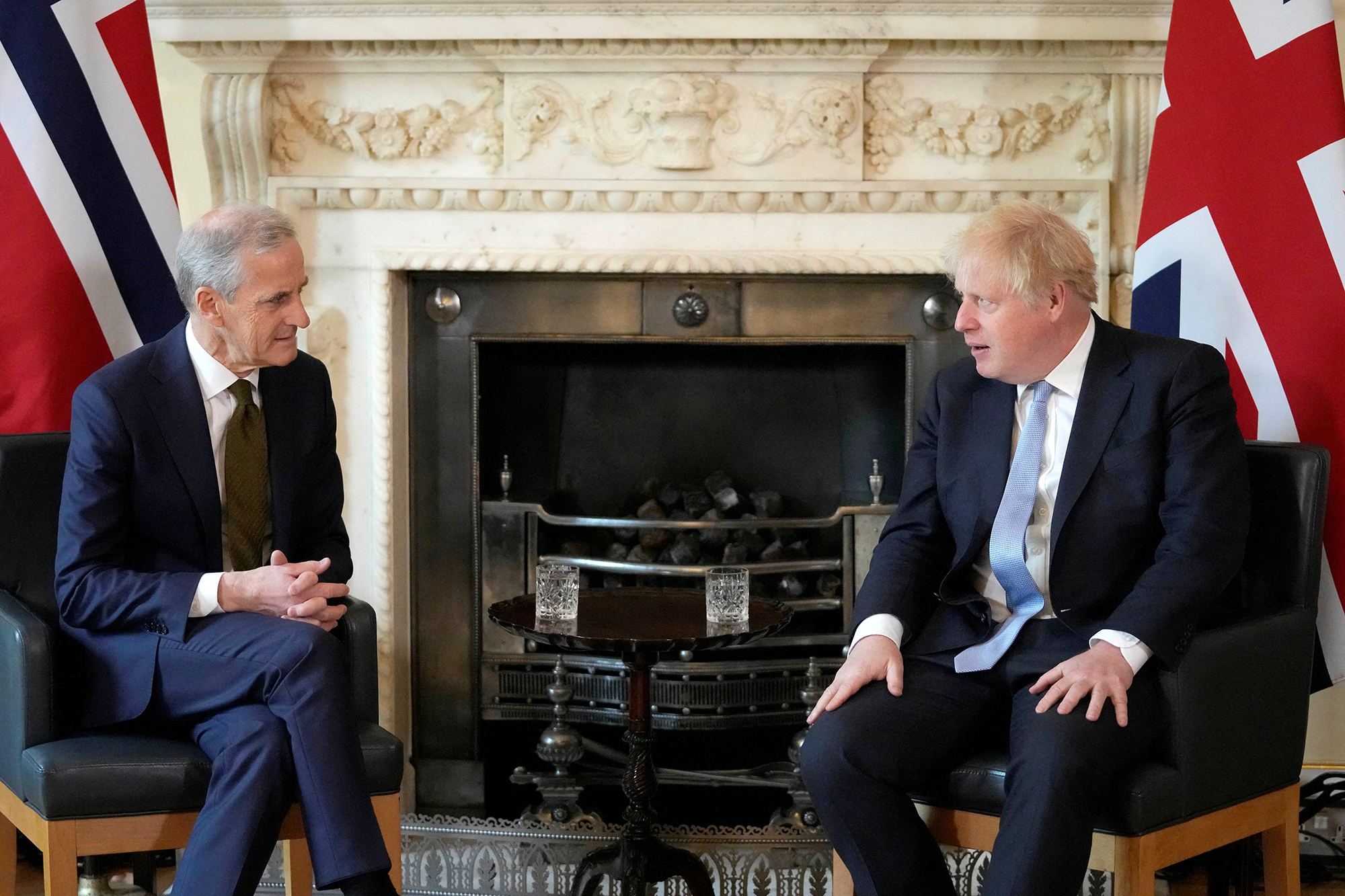 British Prime Minister Boris Johnson meets with Norwegian Prime Minister Jonas Gahr Støre at 10 Downing Street, in London, on May 13. 
