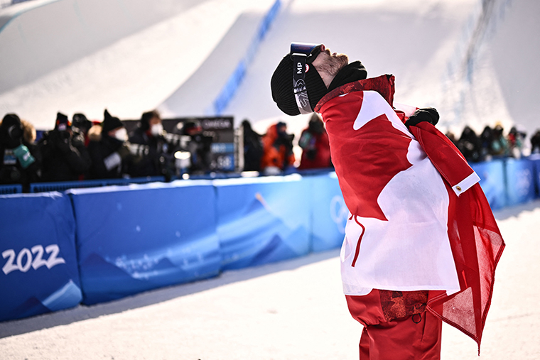 Max Parrot reacts after winning the snowboard men's slopestyle final run in Zhangjiakou on February 7.