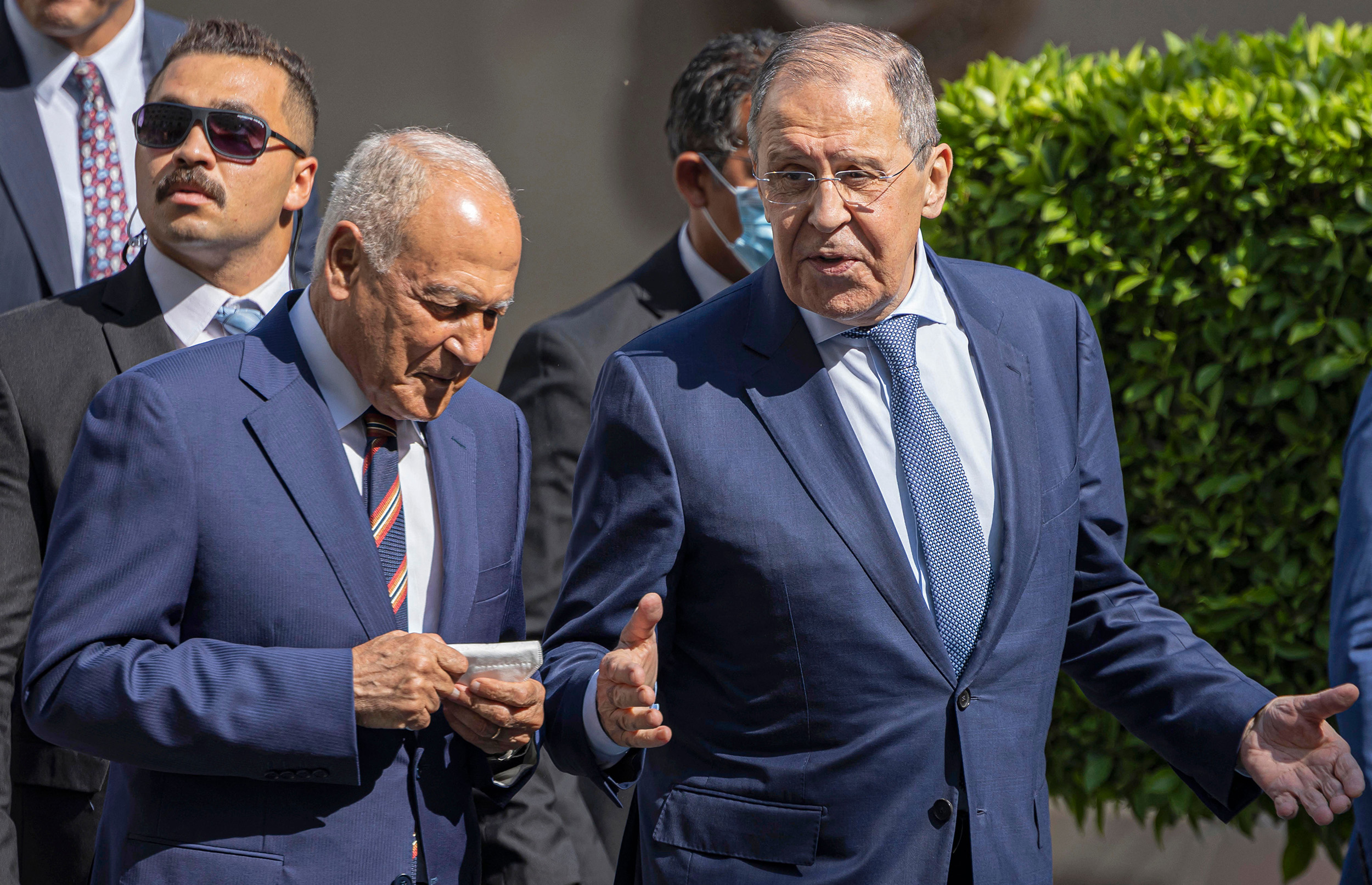 Arab League Secretary-General Ahmed Aboul Gheit, left, receives Russian Foreign Minister Sergei Lavrov, right, at the organization's headquarters in the Cairo, on July 24.