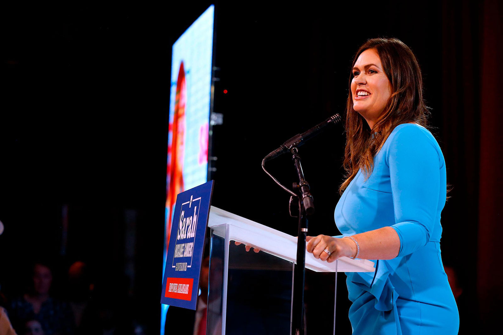 Sarah Huckabee Sanders talks to supporters after winning the Republican primary for Arkansas governor on Tuesday, May 24, in Little Rock, Arkansas. 