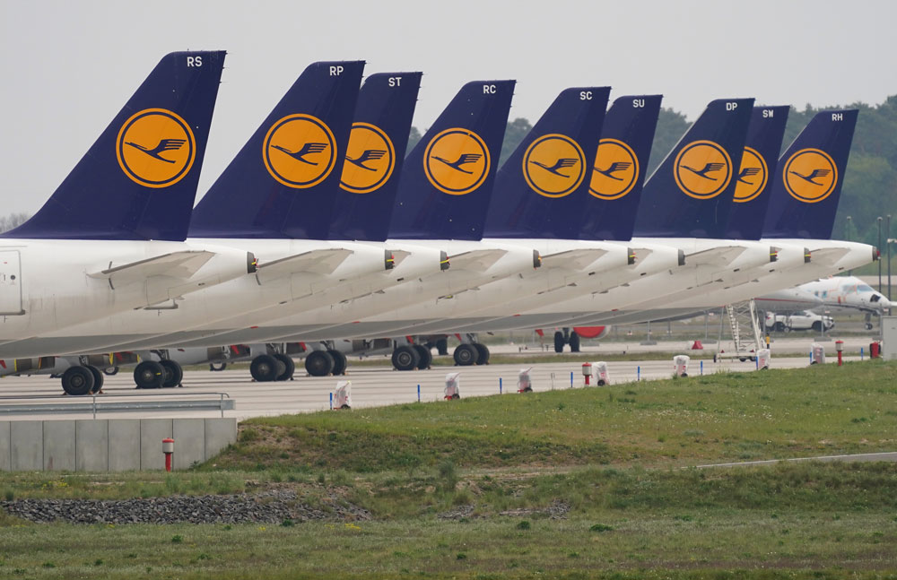 Lufthansa planes stand parked at Willy Brandt Berlin Brandenburg International Airport on April 28 in Schoenefeld, Germany.