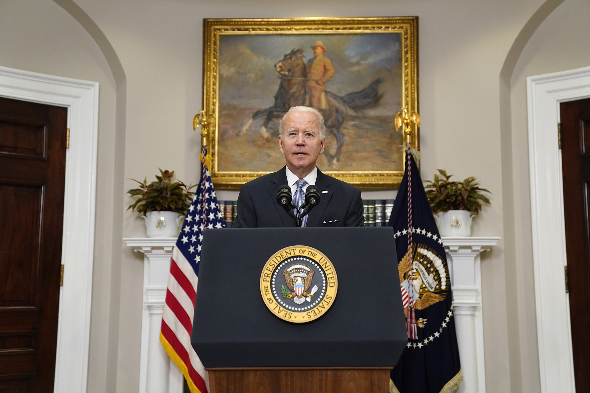 President Joe Biden delivers remarks on the Russian invasion of Ukraine in the Roosevelt Room of the White House on April 21, in Washington, D.C.