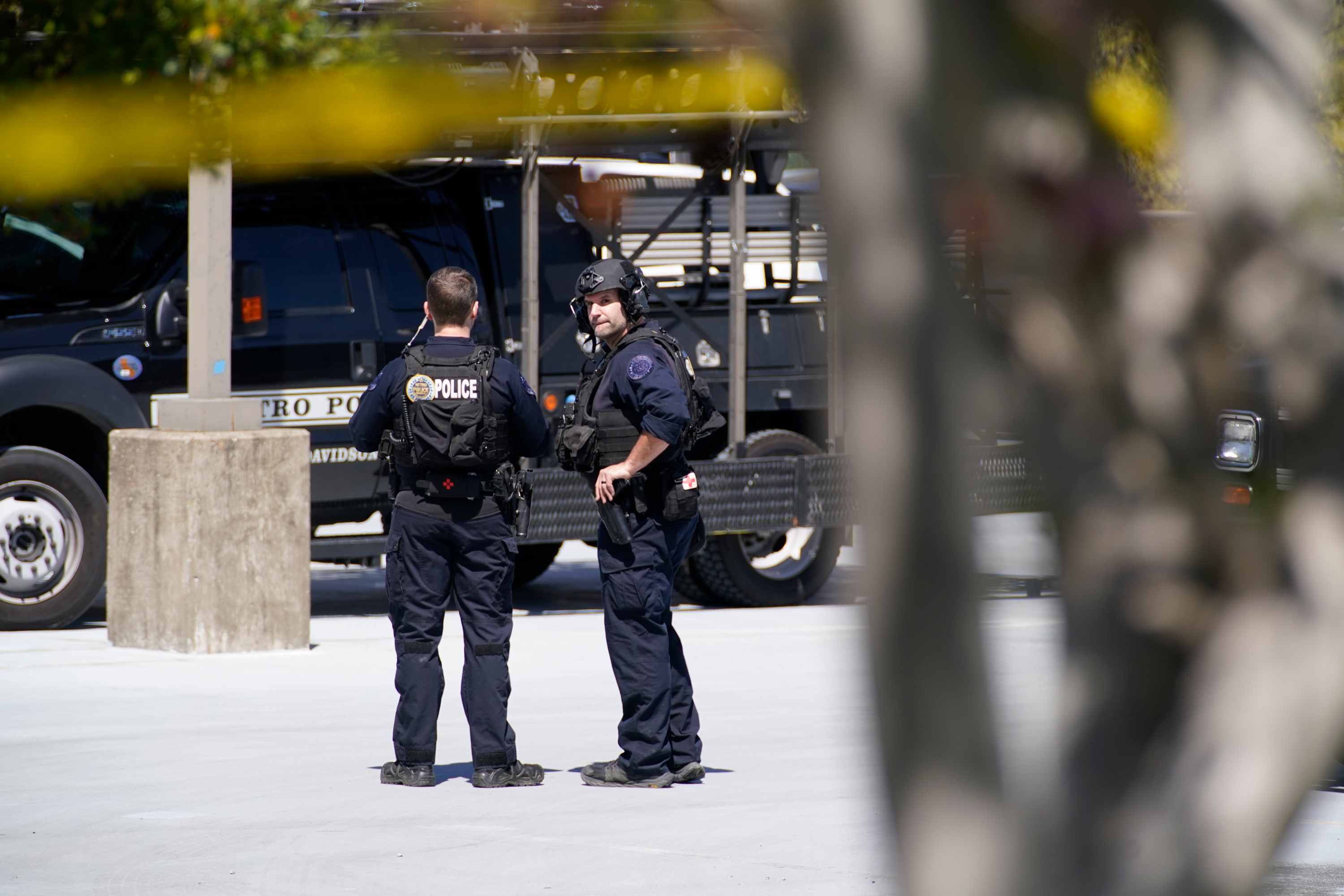 Metro Nashville Police officers gather near The Covenant School, on Monday, in Nashville, Tennessee.