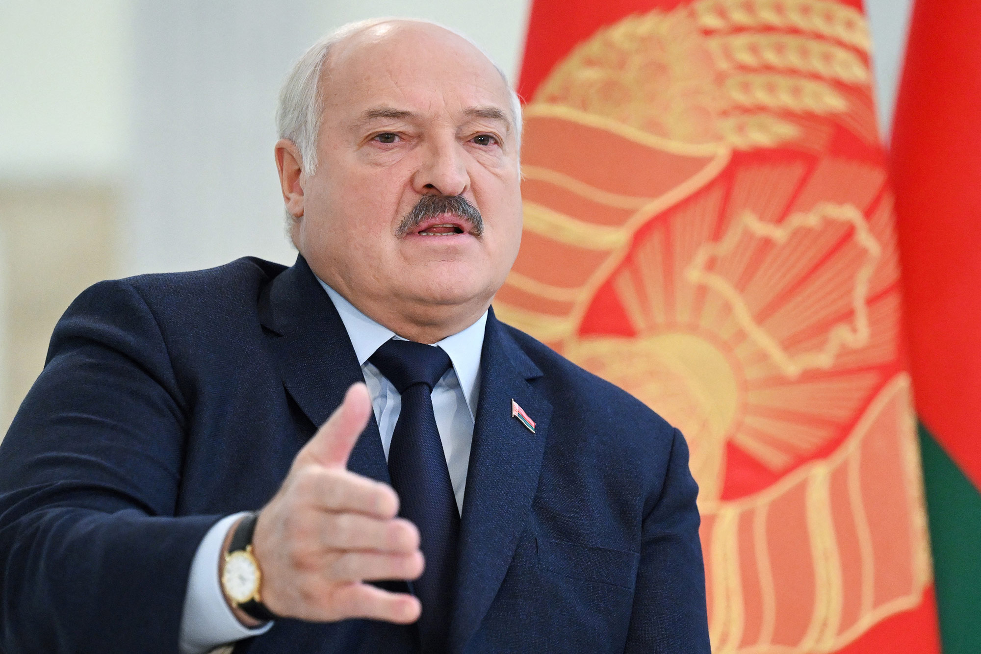 Belarusian President Alexander Lukashenko speaks to members of the media in Minsk, Belarus, on February 16. 