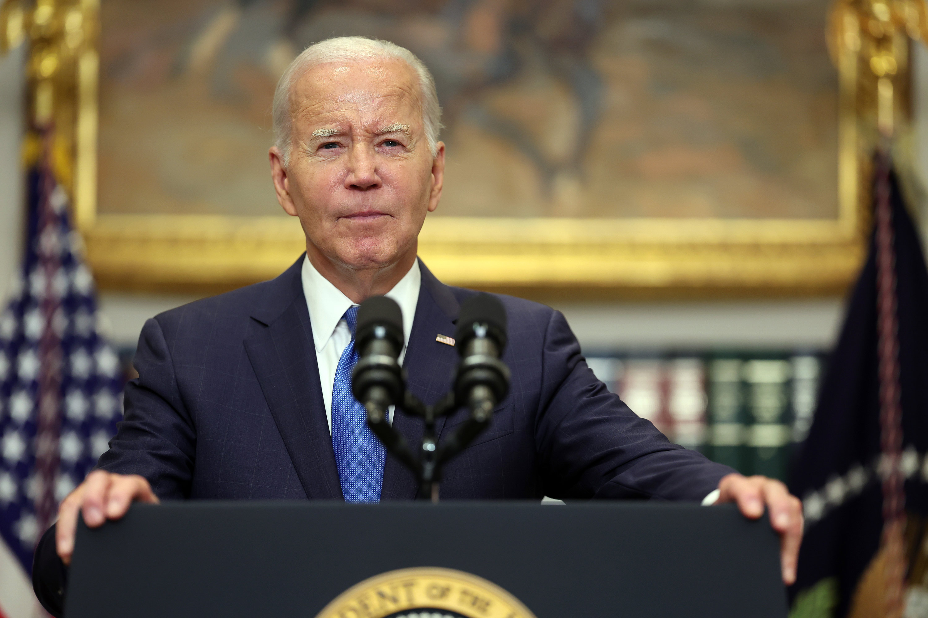 U.S. President Joe Biden delivers remarks on the contract negotiations between the United Auto Workers and auto companies in the Roosevelt Room at the White House on September 15, 2023 in Washington, DC.