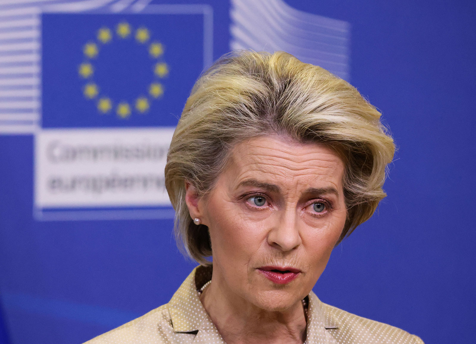 EU Commission President Ursula von der Leyen speaks to the press in Brussels on March 4.