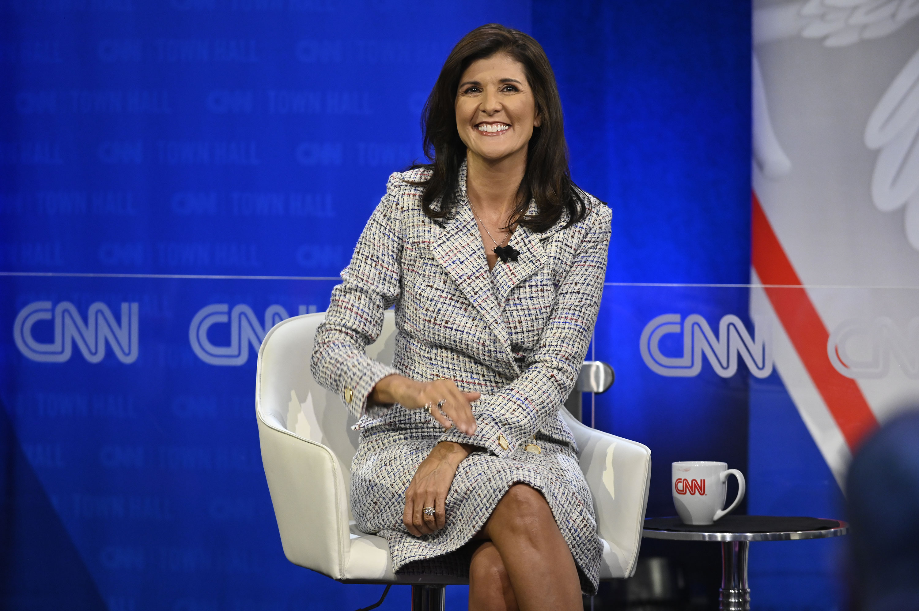 Haley smiles at the audience during a commercial break. 