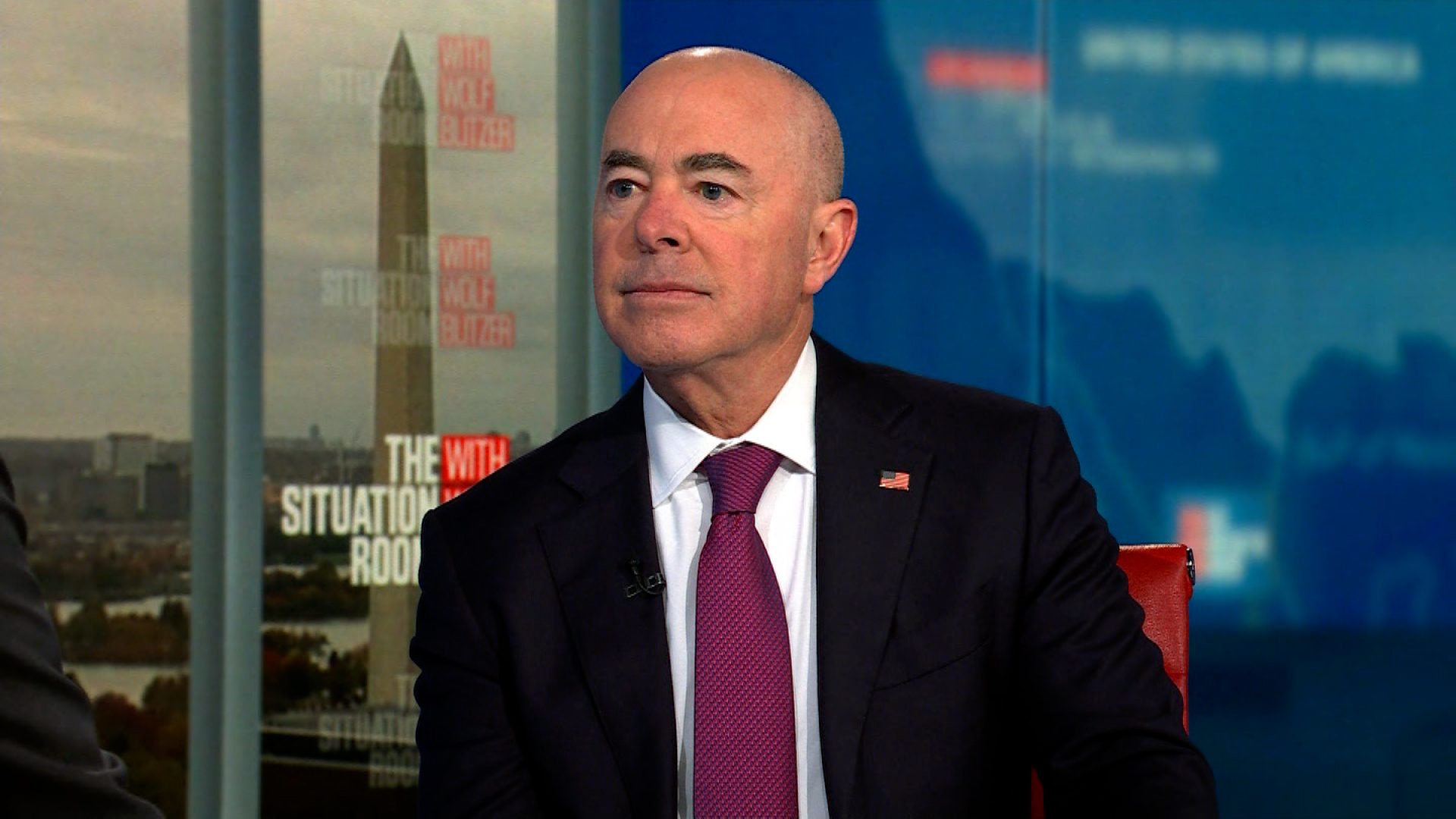 Homeland Security Secretary Alejandro Mayorkas is seen during an interview with CNN’s Wolf Blitzer. 