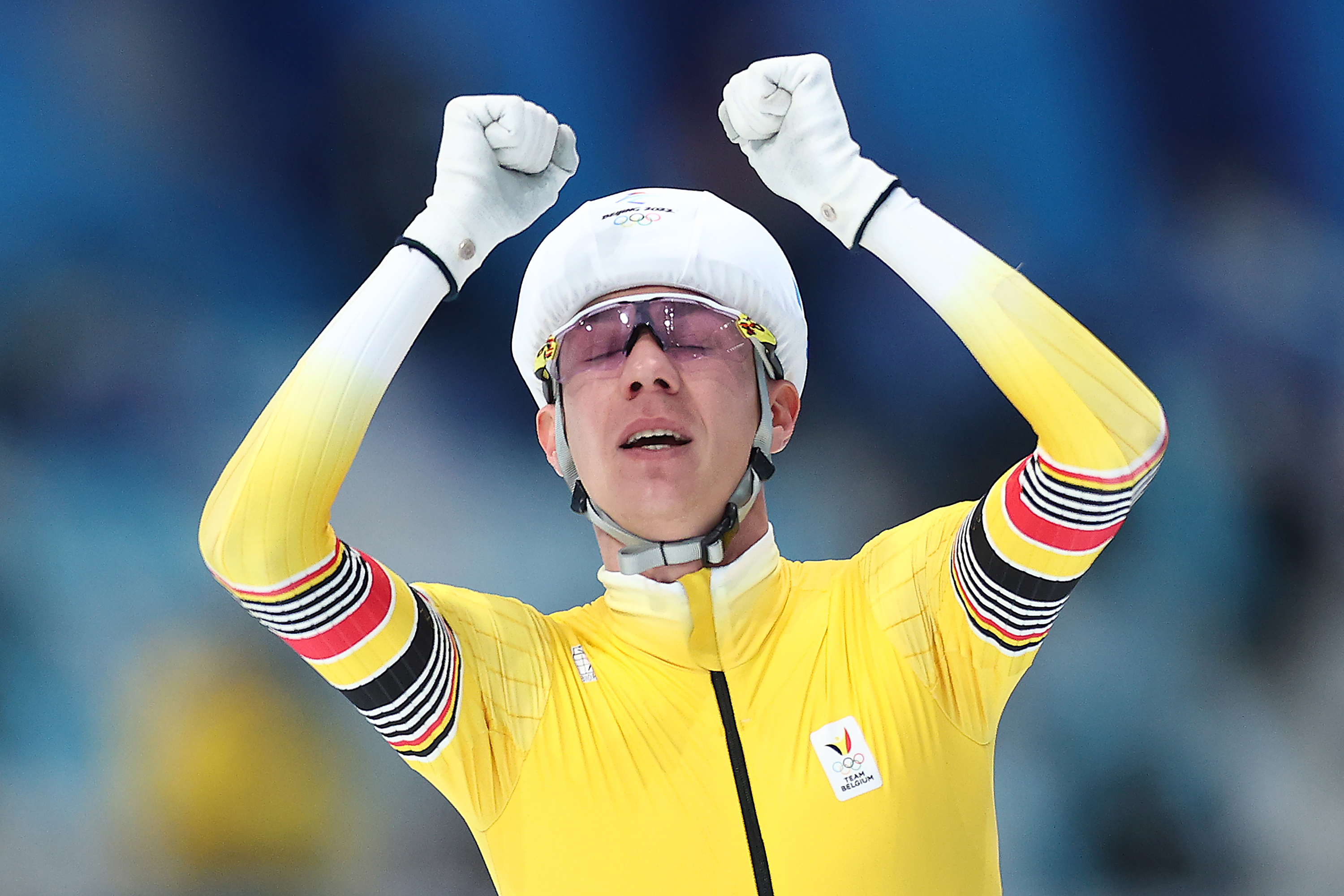 Belgium's Bart Swings celebrates after winning gold in speed skating on Saturday, finishing first in the men's mass start final.