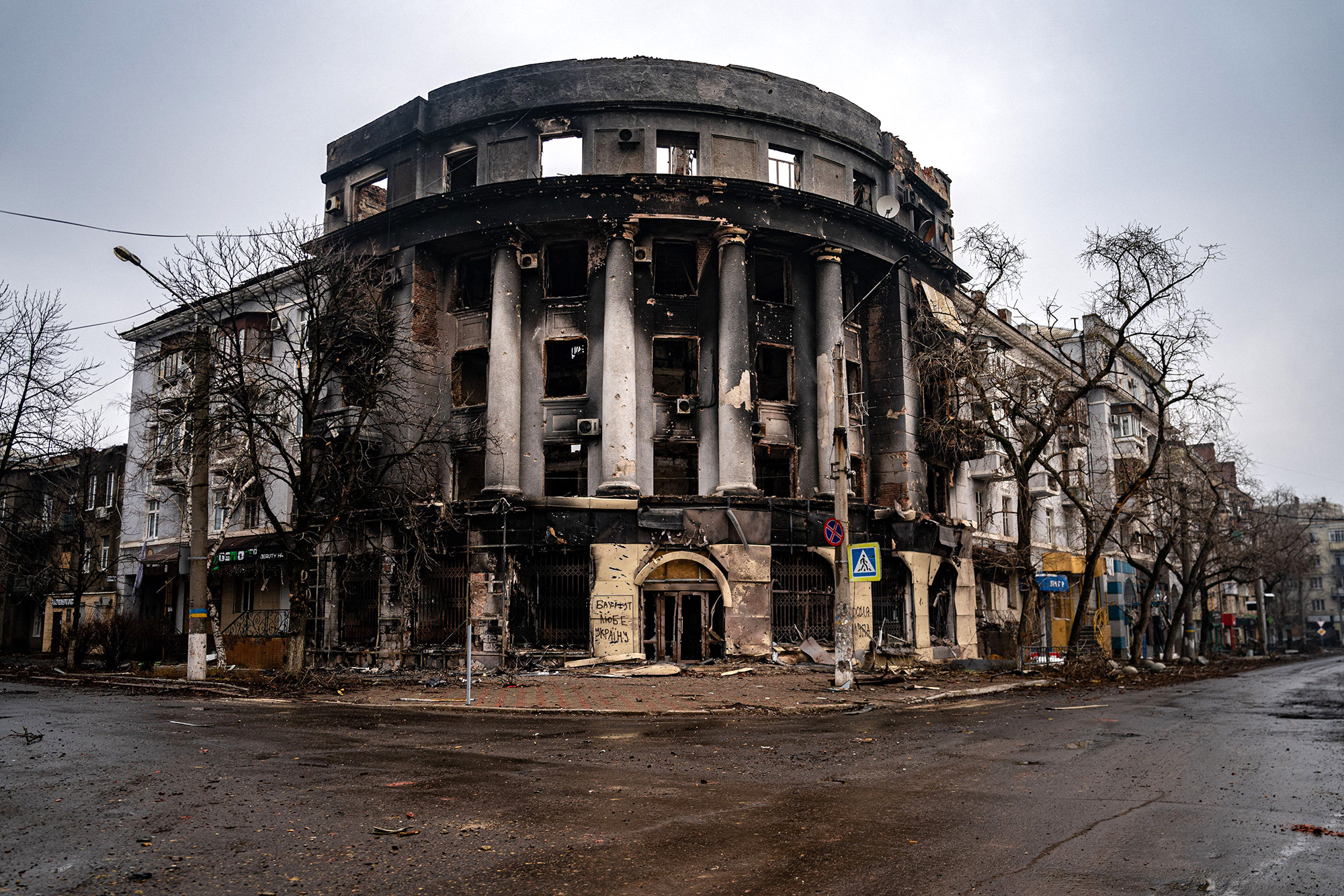 Damaged buildings in Bakhmut, Ukraine, on February 27.