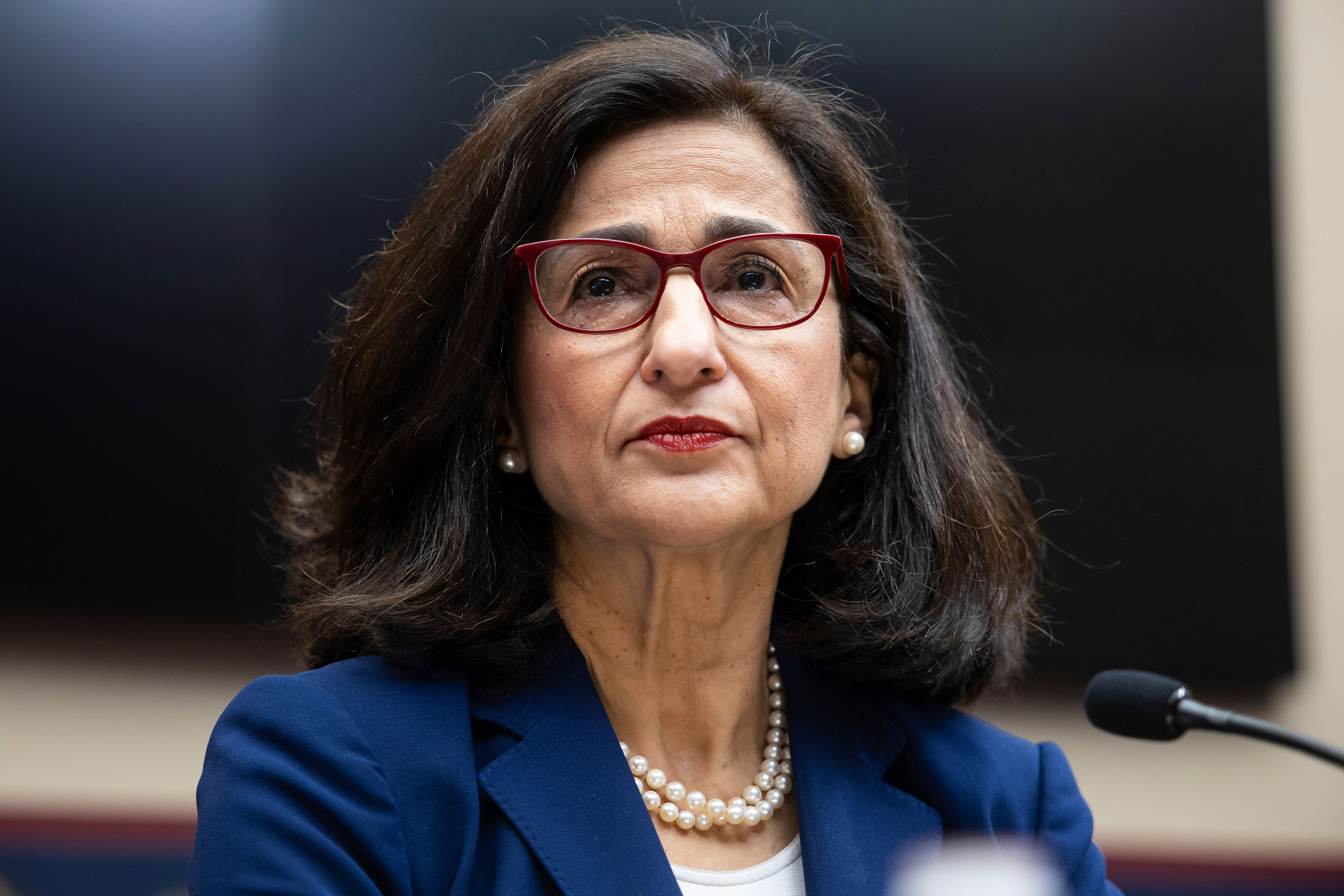 Columbia University President Minouche Shafik prepares to testify before the House Education and Workforce Committee during a hearing on Columbia University's response to antisemitism in Washington, DC, on April 17. 
