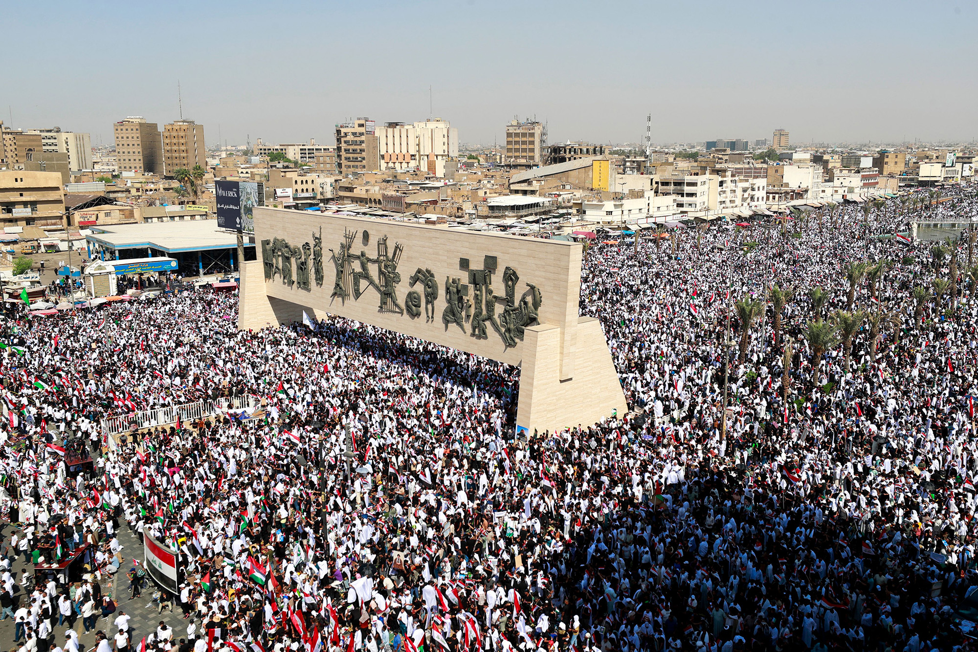 People gather at Tahrir Square in Baghdad, Iraq, during a demonstration against Israel on October 13.