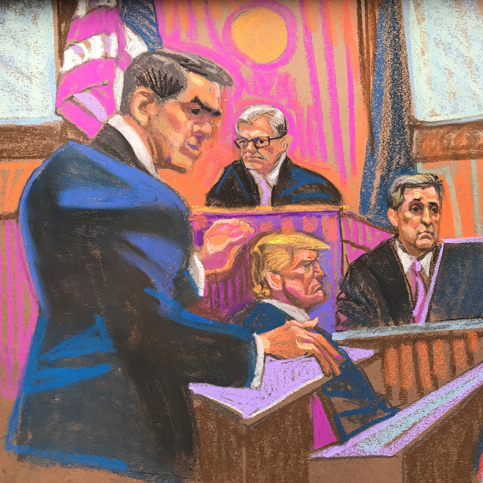 In this court sketch, attorney Todd Blanche, left, questions Michael Cohen, right, as Judge Juan Merchan and former President Donald Trump listen at Manhattan Criminal Court on May 16 in New York City.