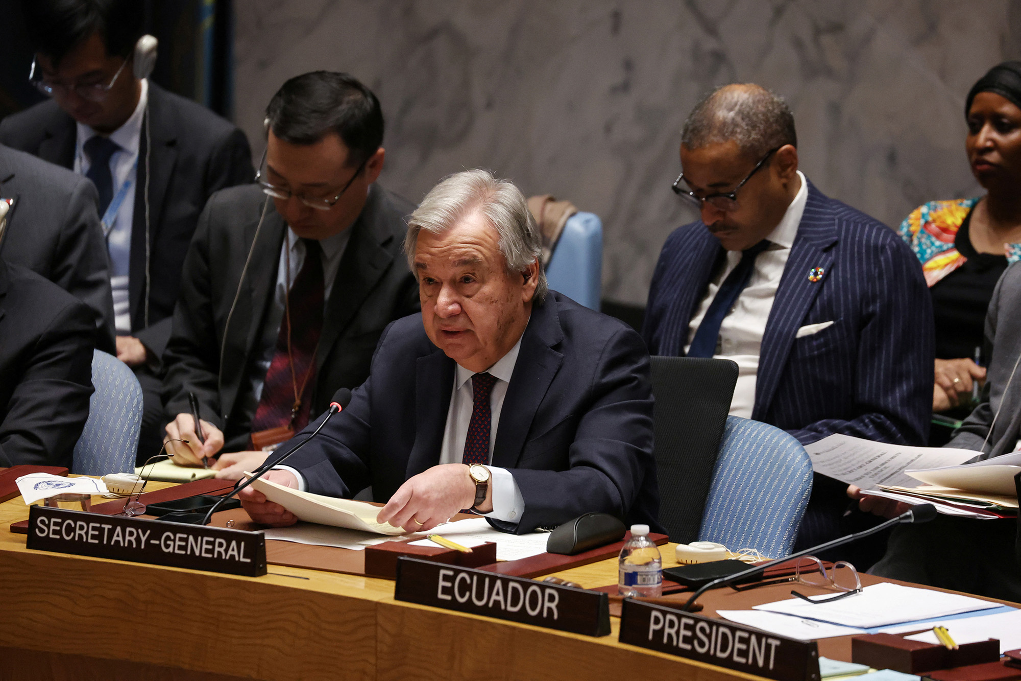 United Nations Secretary-General Antonio Guterres speaks during a United Nations Security Council meeting about his invoking Article 99 of the United Nations charter at the UN headquarters in New York City, on December 8.
