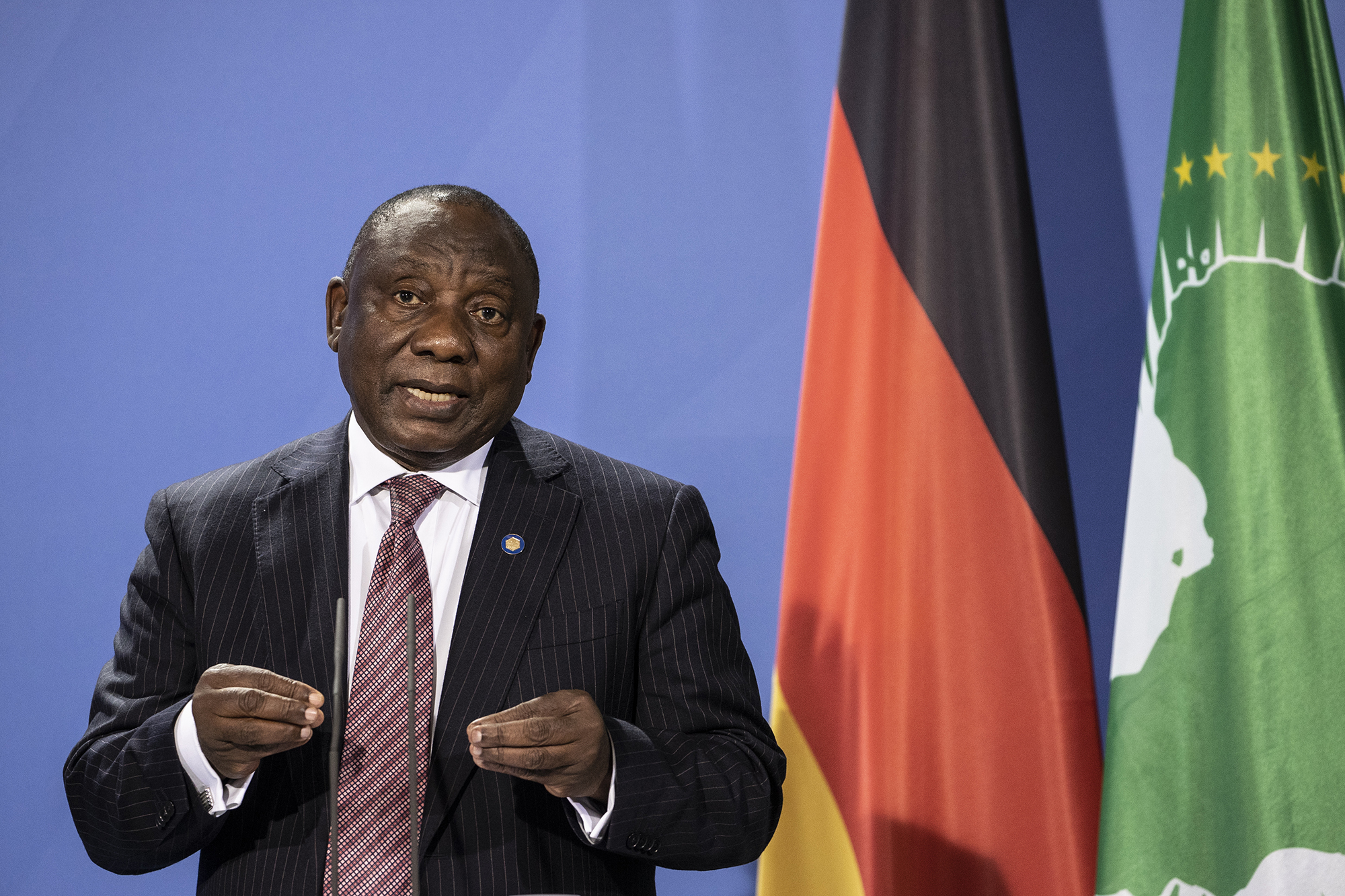 Cyril Ramaphosa, President of the South African Republic spreaks at a press conference after the G20 Compact with Africa conference at the Chancellery in Berlin on August 27, 2021 in Berlin, Germany.