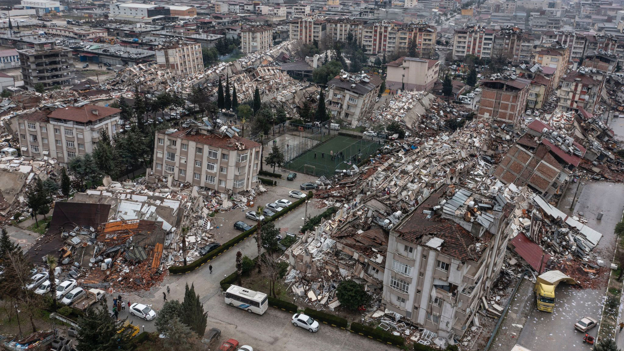 An aerial view shows the earthquake damage in Hatay, Turkey, on Monday. 