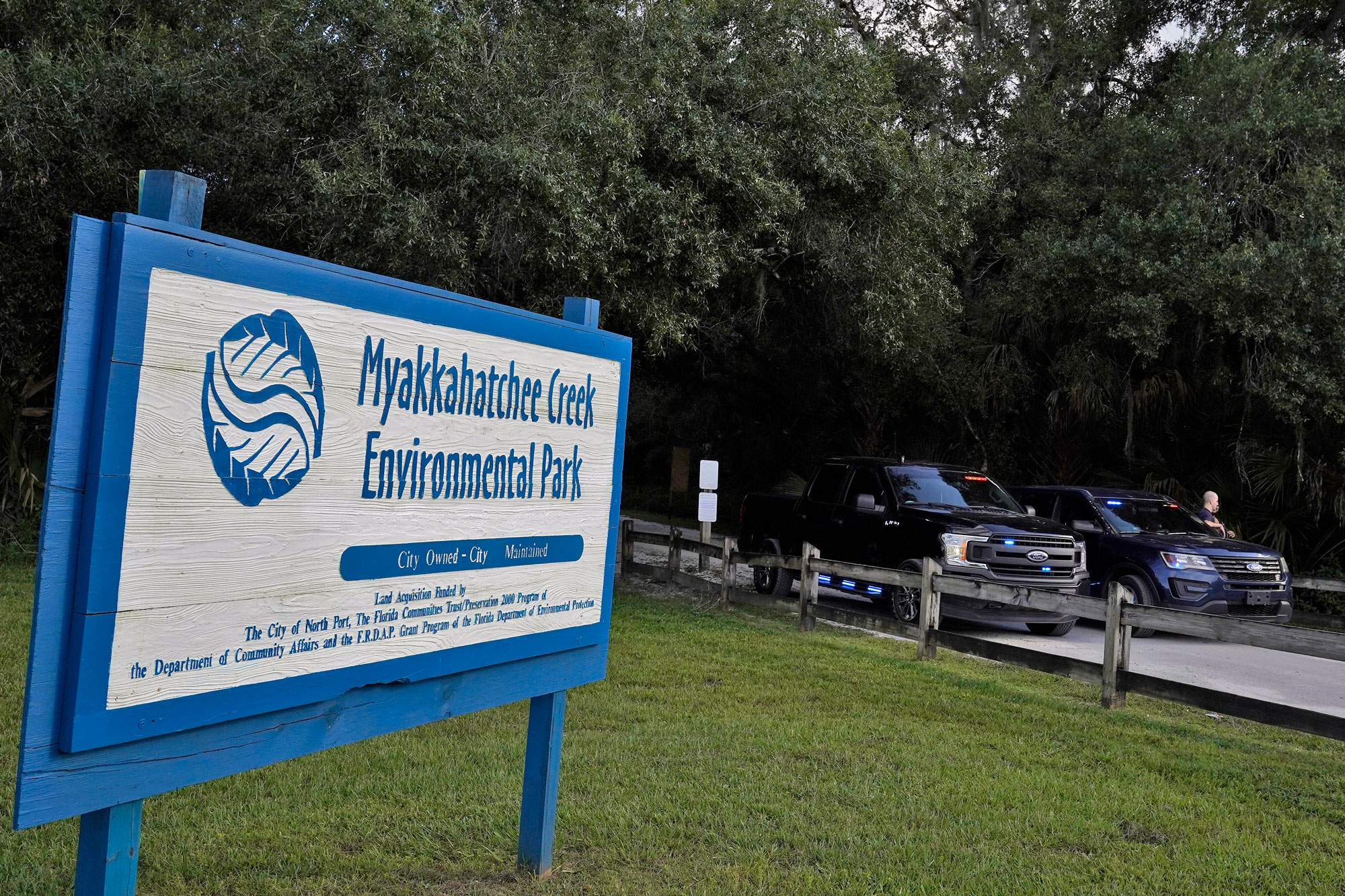 North Port police block the entrance to the Myakkahatchee Creek Environmental Park on October 20 in North Port, Florida.