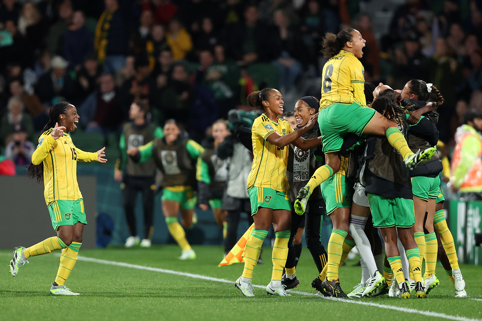 Jamaica players celebrate the team's first goal from Allyson Swaby during the match against Panama in Perth, Australia on July 29.