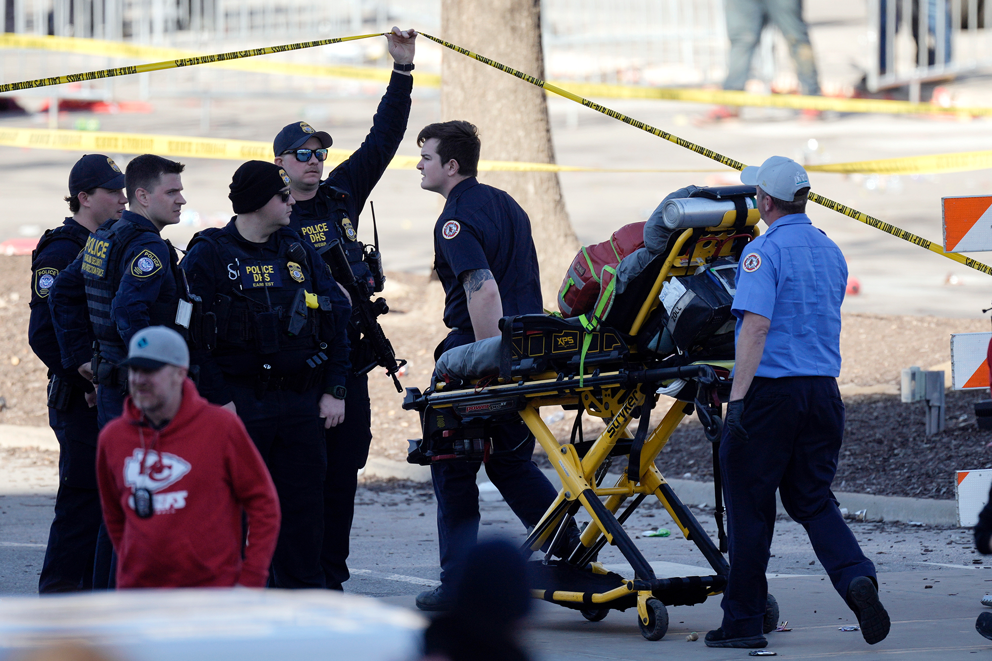Emergency personnel arrive at the scene of the shooting in Kansas City, Missouri, on February 14. 