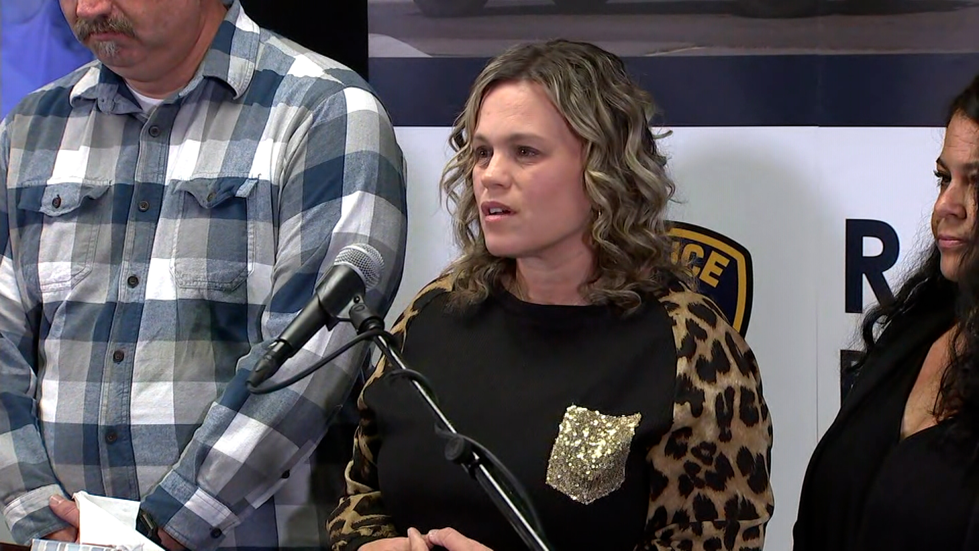 Michelle Blandin speaks during a press conference in Riverside, California, on November 30.