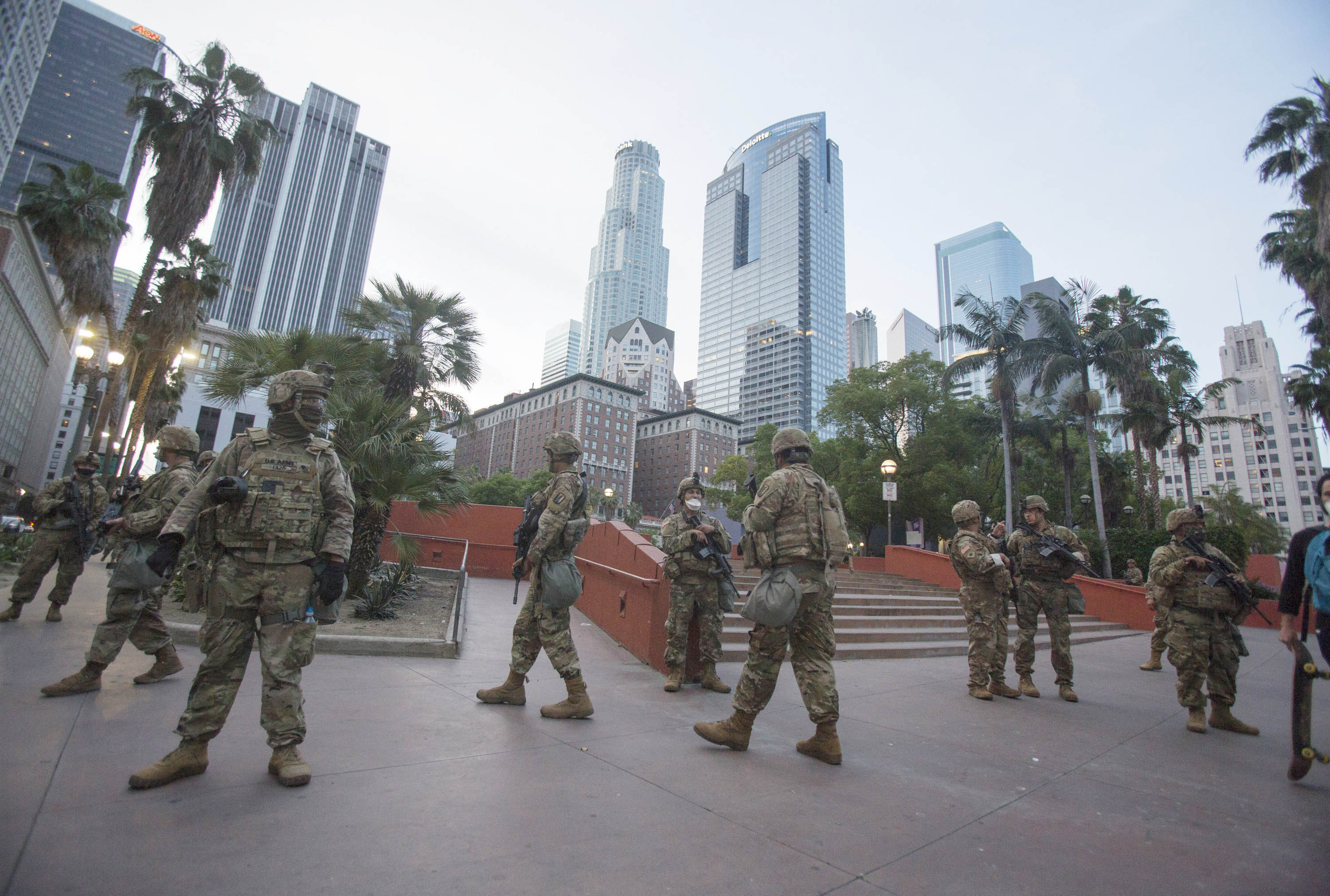 Members of California National Guard on patrol in downtown Los Angeles, on Sunday, May 31. 