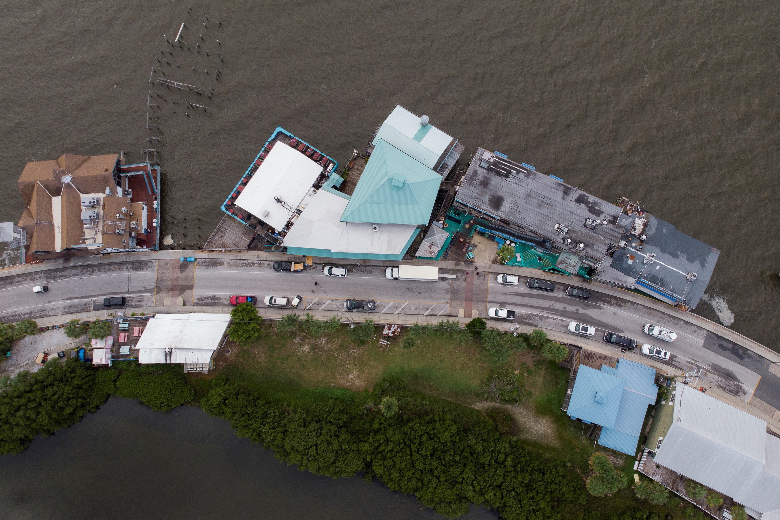 An aerial view of the commercial area around Cedar Key Fishing Pier ahead of the arrival of Hurricane Idalia, in Cedar Key, Florida, on August 29.