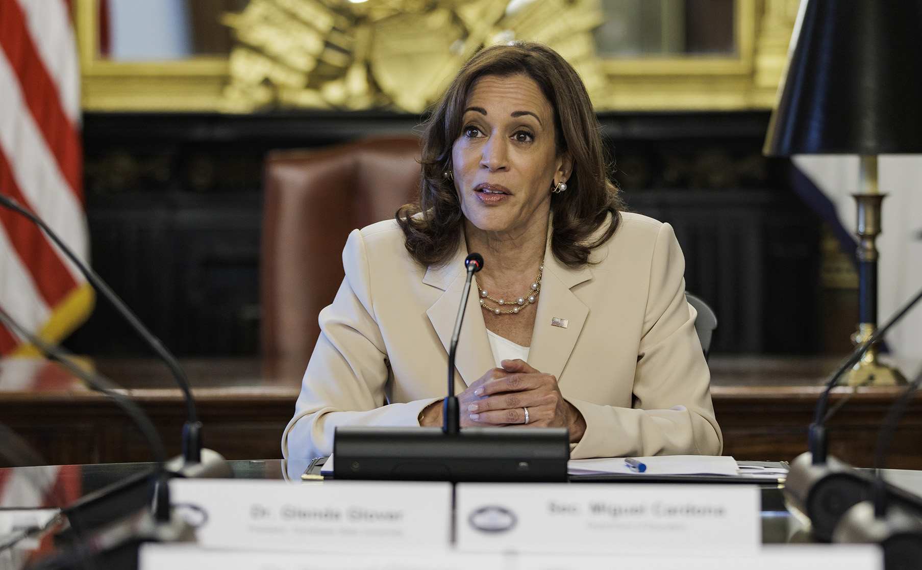 US Vice President Kamala Harris takes a meeting in the Vice President's Ceremonial Office in Washington, D.C., on August 8. 