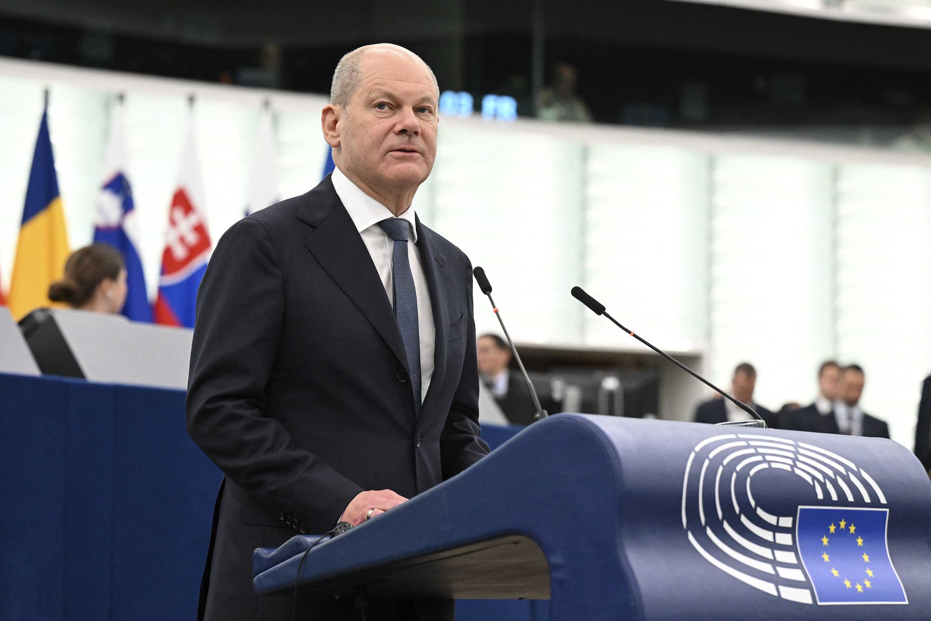 German Chancellor Olaf Scholz speaks at the European Parliament in Strasbourg, France, on May 9. 