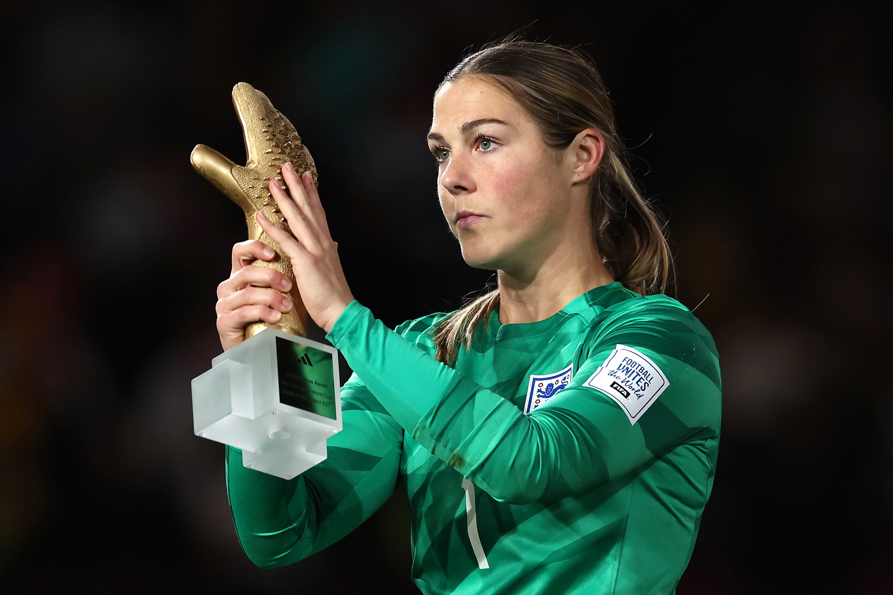 England’s Mary Earps is awarded the Golden Glove for best goalkeeper of the 2023 Women's World Cup. 